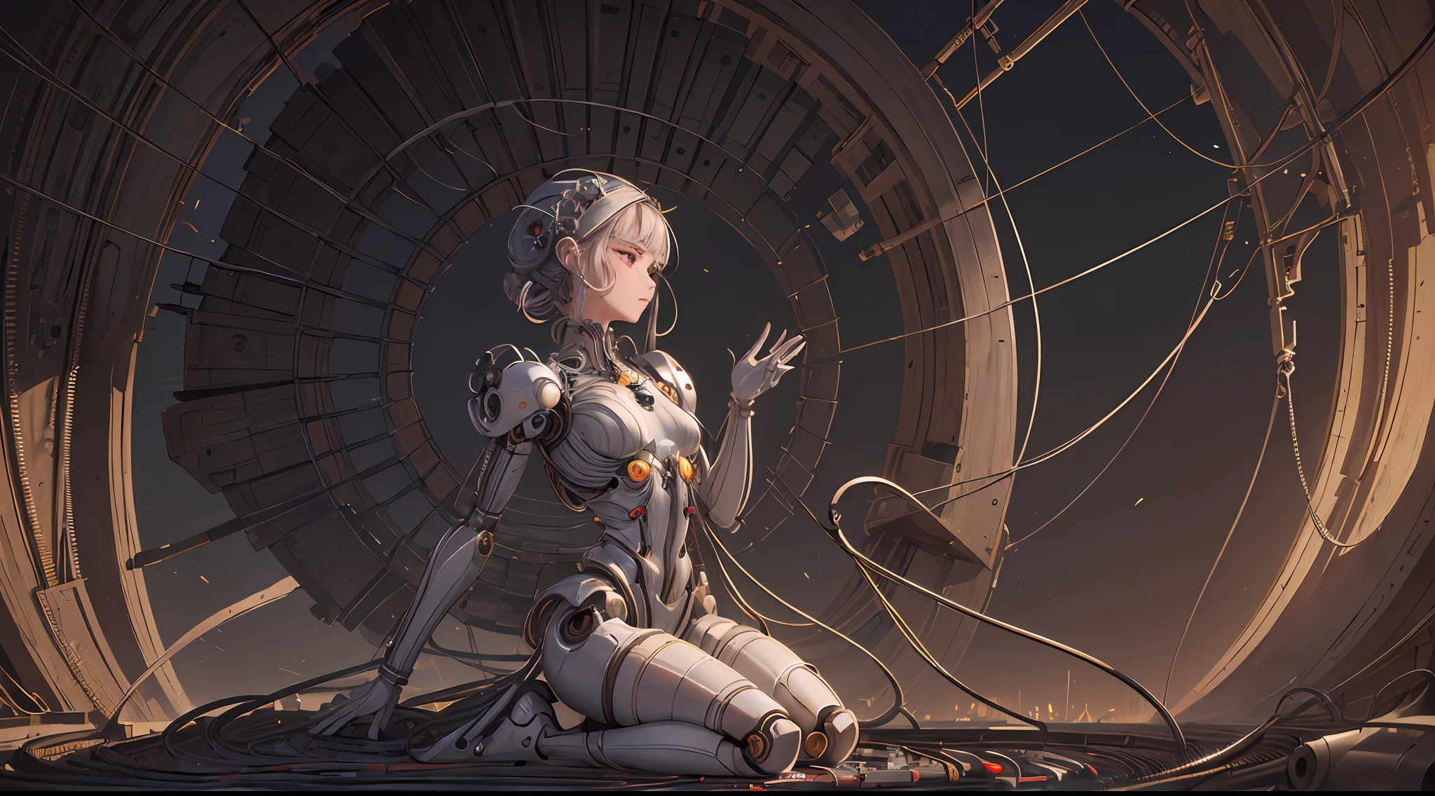 (((masterpiece))), (((best quality))), ((ultra-detailed)), (highly detailed CG illustration), ((an extremely delicate and beautiful)),(cute delicate face),cinematic light,((1mechanical girl)),solo,full body,(machine made joints:1.4),((machanical limbs)),(blood vessels connected to tubes),((mechanical vertebra attaching to back)),((mechanical cervial attaching to neck)),((sitting)),expressionless,(wires and cables attaching to head and body:1.5),(character focus),science fiction