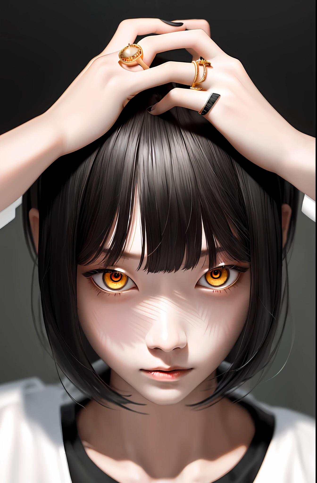 Masterpiece, (Photorealistic: 1.4), Best Quality, Beautiful Lighting, (ulzzang-6500:0.5), Makima \(Chainsaw Man\), (Bob Hair) + (Black Hair) + (Bangs), Yellow Eyes, Golden Eyes, (((Ring-shaped Eyes)), (Black Shirt), RAW Photography, 8k UHD, Film Grain