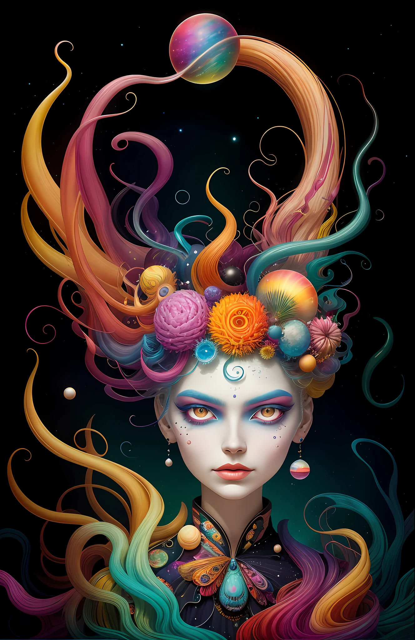 colorpop style, photo photo portrait of the sun surrounded by orbiting planetary moons, blonde pointy hair, natalie shau, mark ryden, alberto seveso, brooke shaden, anna dittmann, flora borsi, 8k resolution, perfect composition, milky way, rainbow color, flying insects, scales, wings, blue, texture, complex, gorgeous, shadow, pastel colors, 3d, Highly detailed, decorated in style, Tim Burton, Dale Chihuly, Xiaolongcheng, Cyril Rolando, by J. Gigue