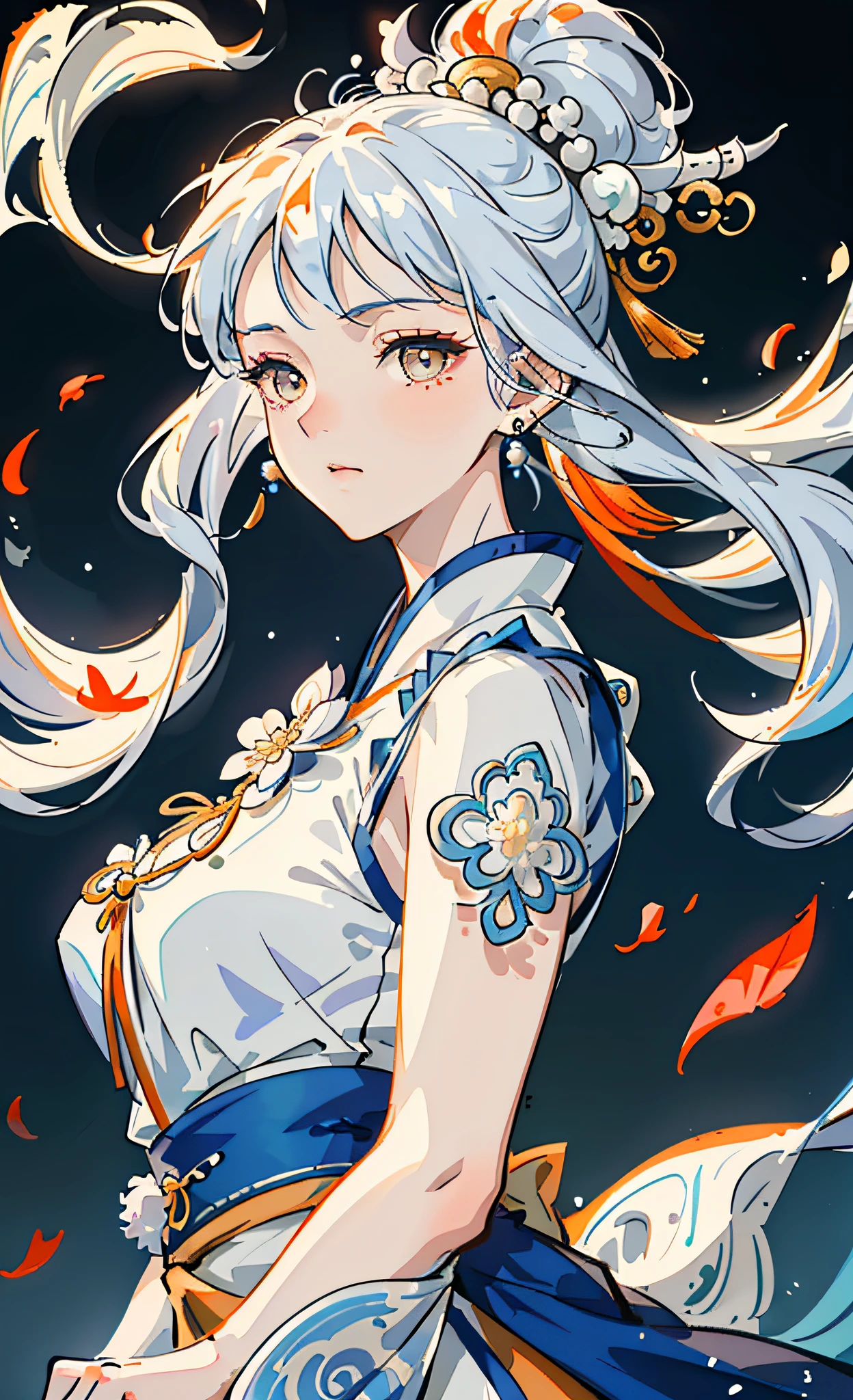Mature girl, orange eyes, blue-white hair color, floating hair, delicate and flexible eyes, intricate damask hanfu, gorgeous accessories, wearing pearl earrings, FOV, f/1.8, masterpiece, ancient Chinese architecture, blue sky, flower petals flying, front portrait shot, Chang'e, side light, sunlight on people, 8K
