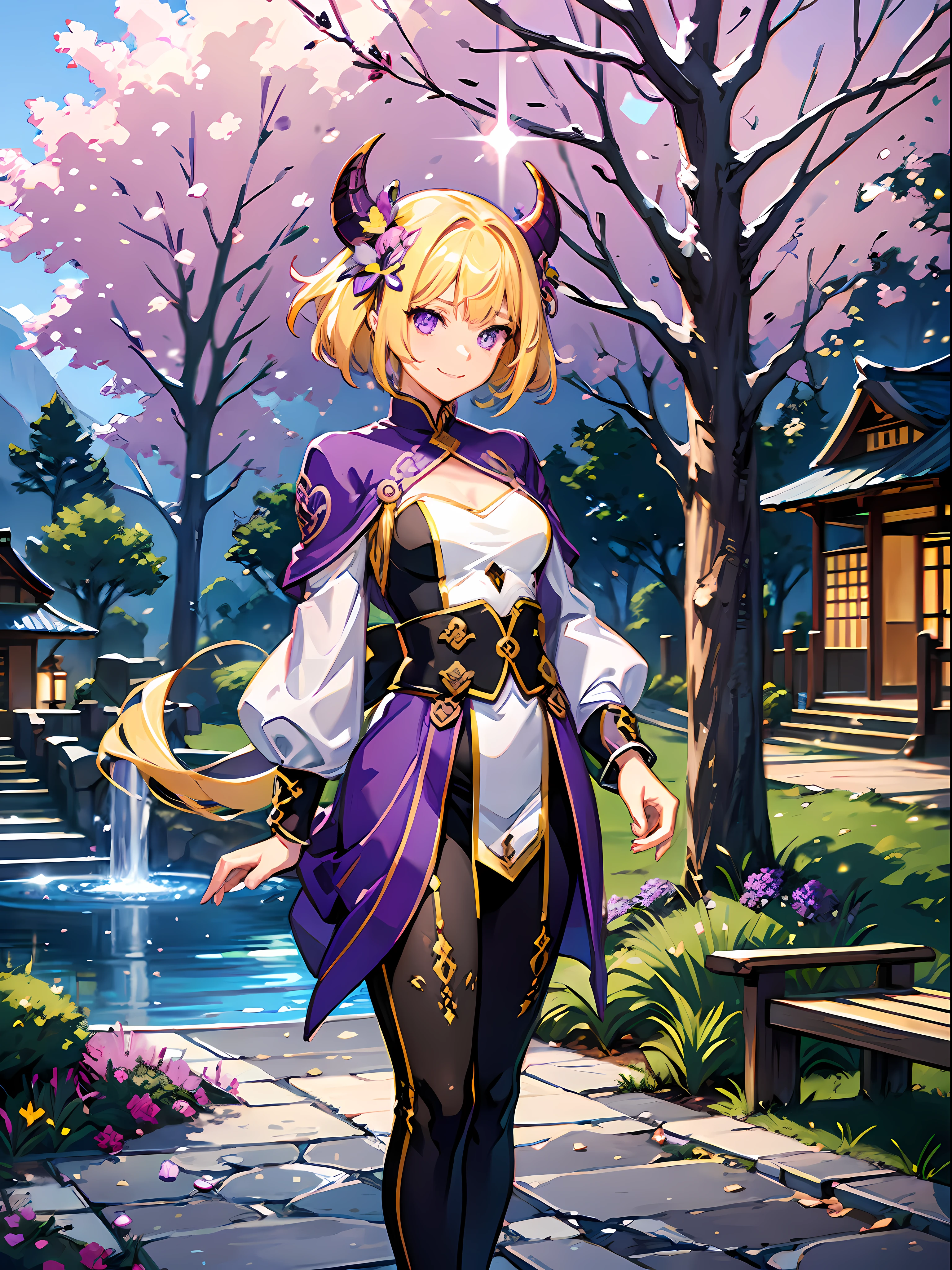 Psychic, Esper, Glowing Body, Night time, Purple and Yellow Buttoned Uniform, Purple Flowers in Hair, decorations, purple eyes, Magical orbs, Gravity, yellow aura, (((mature woman))) 30 years old, (((blonde hair))), thin, short hair, the main character, (1girl), (1female), (((woman))), looking at the viewer, good hands, five fingers, smug eyes, smiling, smug, ((arms out)), vibrant, colorful, amazing quality, better fingers, five fingers, detailed hands, detailed eyes, masterpiece, best quality, anime style, best feet, best hands, absurd resolution, anime screencap, standing, petite, full body, (((medium breasts))), in the style of demon slayer, water fountain, stone road, benches, beautiful scenery, high resolution, looking at the viewer, edo period, masterpiece, best quality, sharp, anime screencap, detailed eyes
