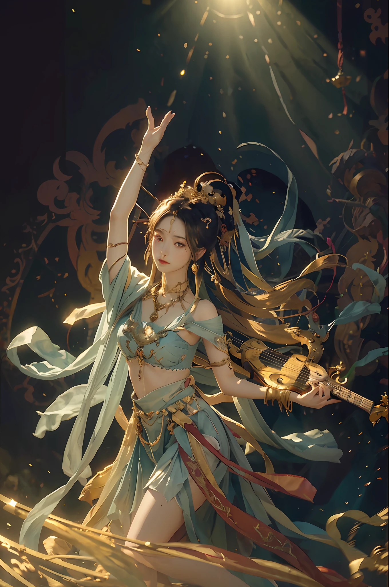 Full Body Image, Flying in the Air, Feet Off the Ground, Suspended in the Air, Fairies in Mythological Stories, Celestial Man Playing Lute, Musical Instrument, Musician, Performance Music, Playing, Dancing, NSFW, (RAW Photo, Best Quality, Best Quality: 1.3), Best Quality, Highly Detailed, Masterpiece, Ultra Detailed, Illustration, 1 Girl, upper_body, Dynamic Angle, World Masterpiece Theater, messy_long_hair, Best Quality, Extremely Detailed CG Unity 8k wallpaper, ink, amazing, movie lighting, lens_flare, dunhuang_style,