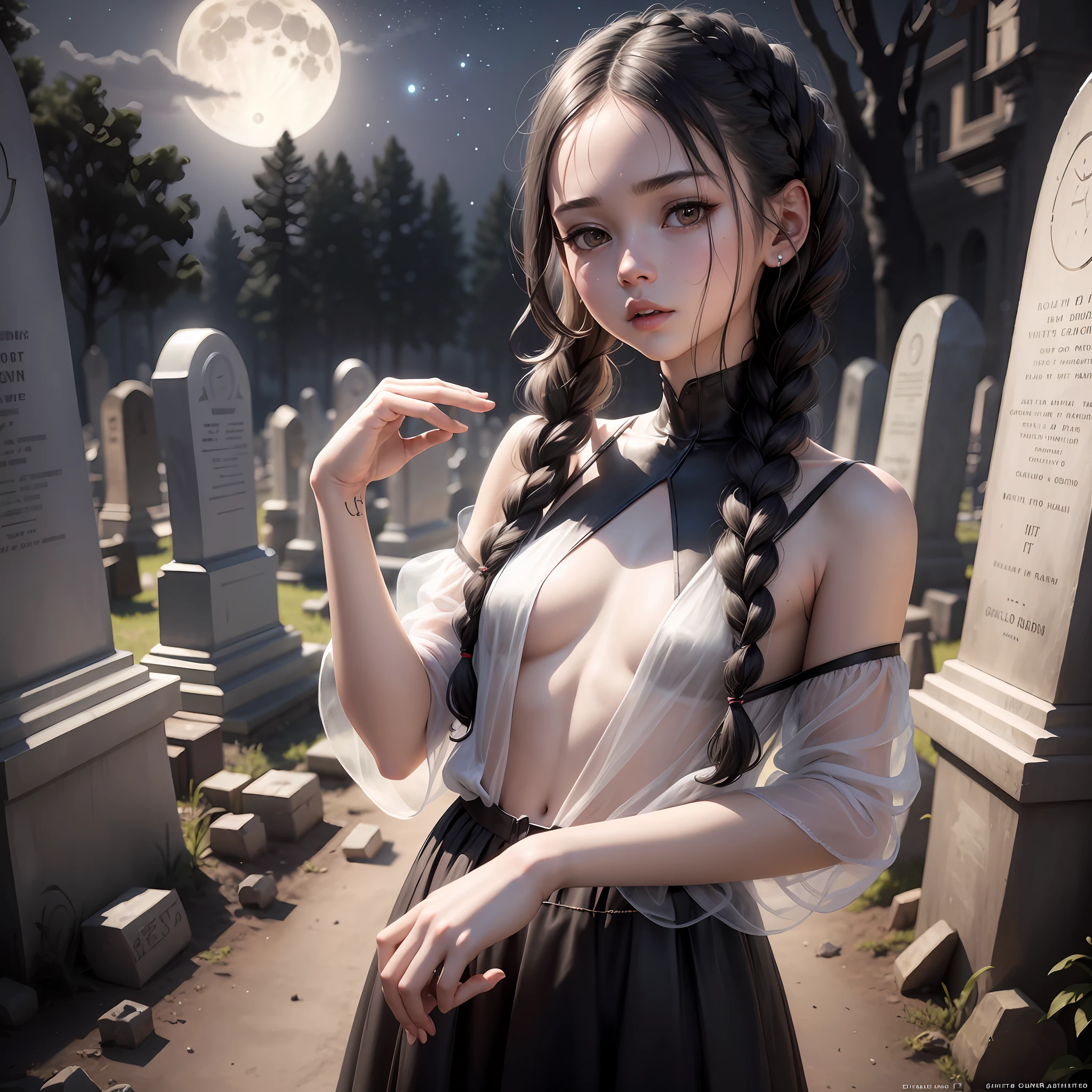 Ultra Realistic, Best Quality, 8k, Masterpiece, Black Haired Girl, White Skin, Braids, See-Through Black Dress, Baby Face, Small, Slender, Full Moon Shining Graveyard