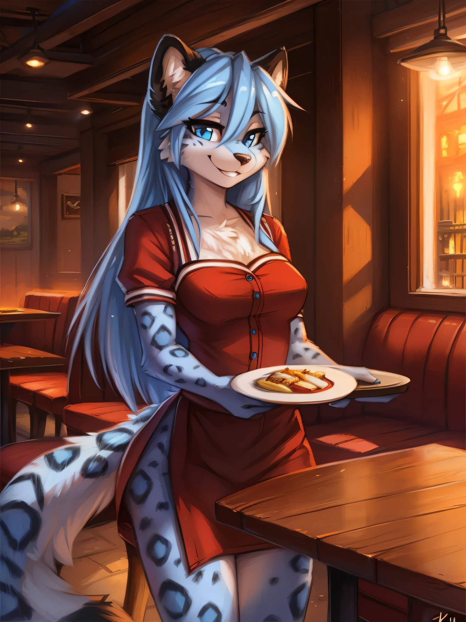 by fluff-kevlar, by Zackary911, by Kenket, by Kilinah, by fluff-kevlar, (masterpiece), (best quality), (cinematic lighting), (anthro furry:1.3, snout:1.2, anthro:1.3, furry:1.2, solo female:1.2), solo, fully body, waitress, full body, (happy expression, perfect posture, smile), restaurant background, long hair, light blue hair, snow leopard, blue eyes