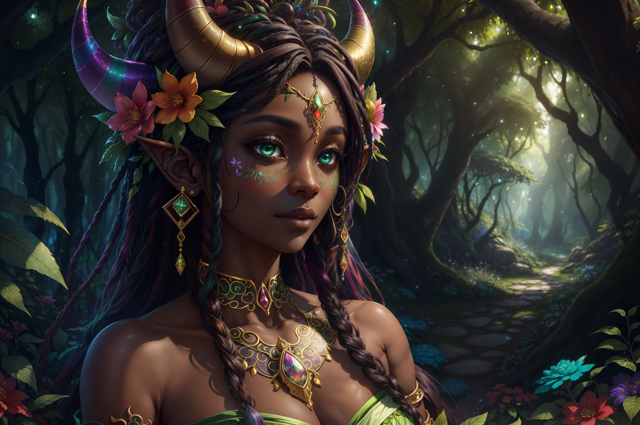 very saturated masterpiece of (((earth spirit druid dryad with ((dark skin)) and two small horns))), (small ornate horns), thin horns, beautiful horns, (shimmering delicate horns), african and japanese features, (((very ((wide and big)) nose))), (big nose), square jaw, hires hair, (very big lips), (exotic features), ((exotic face with strong african features)), strong jawline, soft full lips, (((ornate nature runes on skin))), (delicate nature runes on skin), (((dark hair))), ((part of nature)), petite, beautiful face, big eyes, ((beautiful eyes)), bright colored eyes, realistic, highly detailed eyes, ((unique face)), (extremely detailed eyes), 8k eyes, dramatic facial expressions, elegant hands, ((masterpiece)), (fantasy), fantasy magical forest background, soft lighting, dark green background, (evening lighting) background, (rich colors), deep shadows, artstation trending, midjourney painting, studio lighting, realistic skin texture, high resolution eyes, detailed, highly detailed, small details, hires eyes, magical atmosphere, bold colors, (fantasy atmosphere), (realistic proportions), late evening light, style:dramatic, (), (fine lines on face), pretty colors, fantasy colors, (simple clothes), (simple dress), nature circlet, silk, (((simple))), (stunning), (((masterpiece))), huge mossy tree in background, huge tree in background with falling leaves, (detailed background), flowered background, dark green and pink background, ((colorful fantasy forest background)), (boldly colored flowers entwined in hair), dreadlocks, thin dreadlocks with moss, (ornate mossy dreadlocks), ((multicolored flowers)), (((rich colored flowers))), ((pretty flowers)), elegant flowers, intricate flowers, clusters of small flowers in hair, (dark green, teal, purple, pink, orange, deep red, bright blue, glowing lime green flowers), jeweled butters, big butterflielowing lights, (shimmer), (glimmer), , glimmering body jewels, body glimmer, (solo), very defined eyes