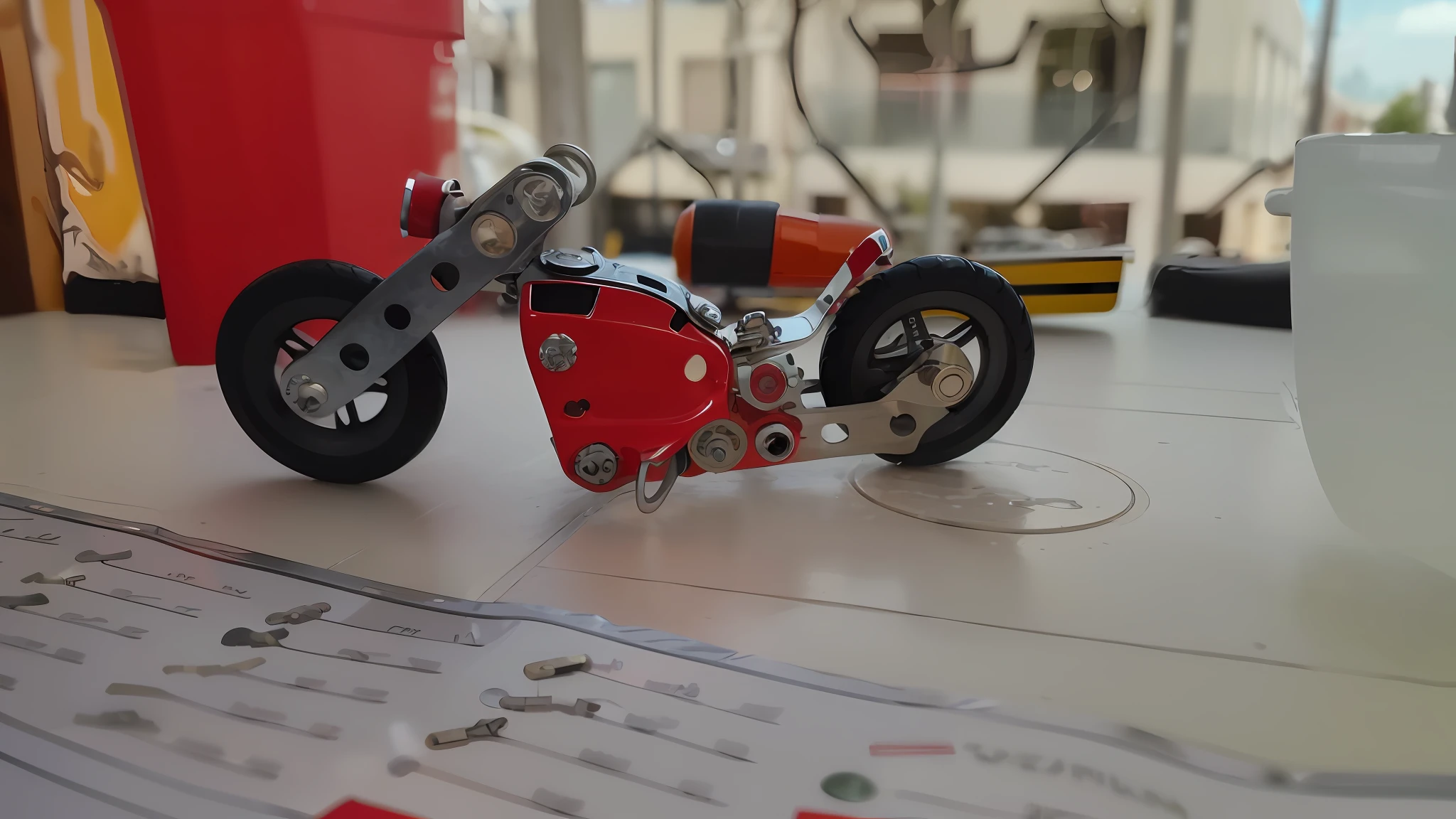 there is a motorcycle on the kerb, made from mechanical parts, made up of many bits of metal, red mechanical body, with gears and tubes, highly detailed, silver white red details, custom scooter, robot model kit, high angle close up shot, silver red white details, detailed wide shot, exploded view!!