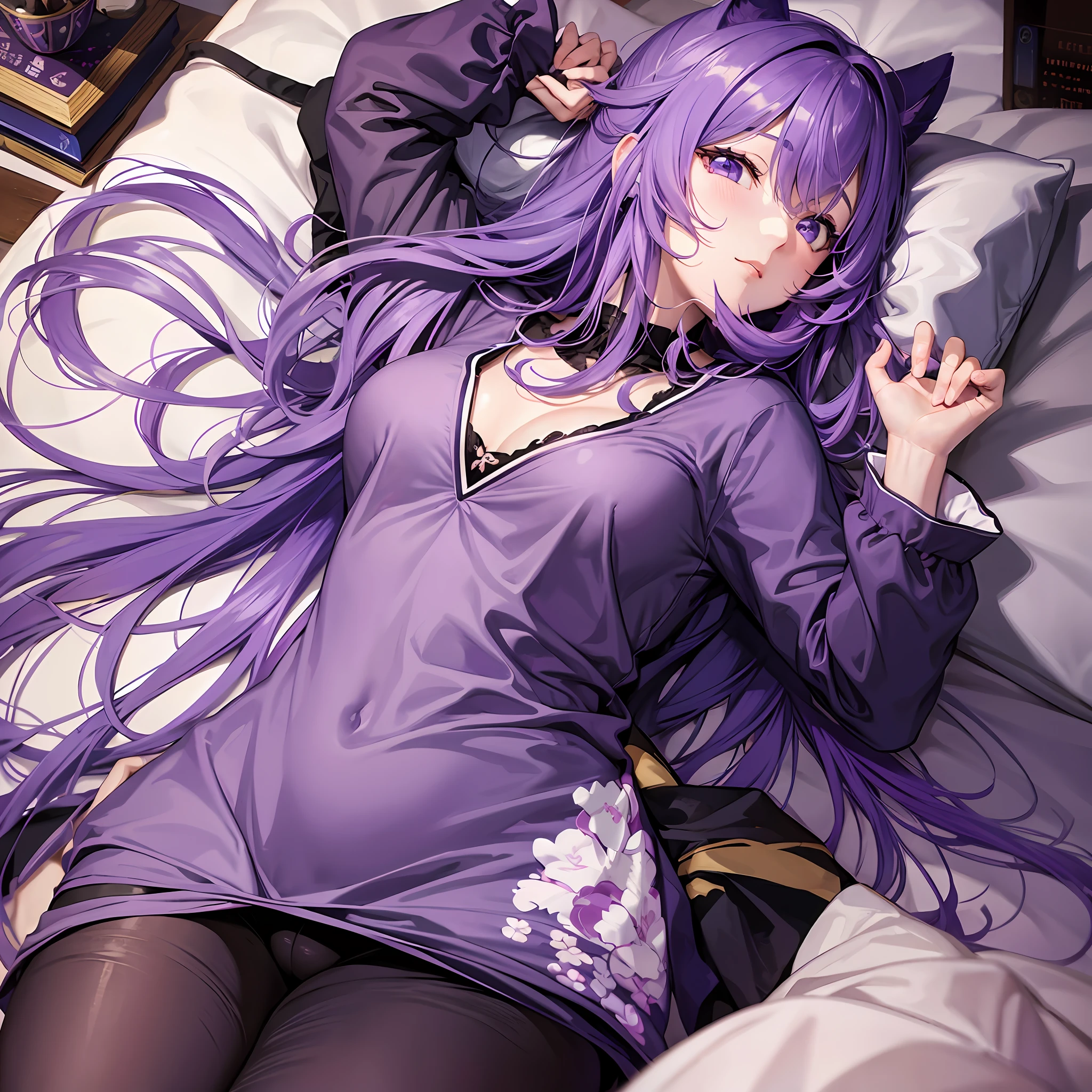 anime character, with purple hair, cute, with sleepwear