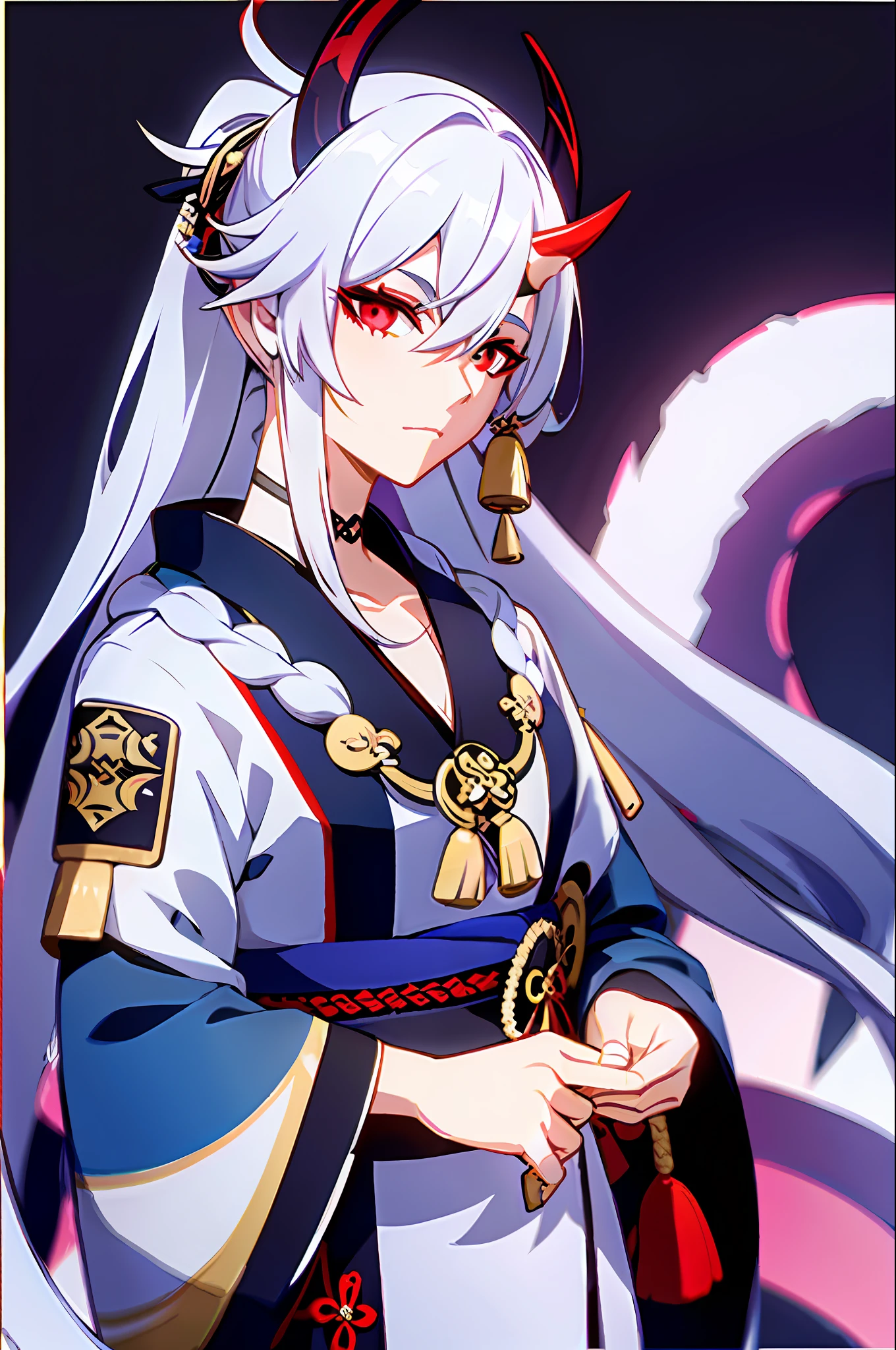 masterpiece, best quality, 1guy, solo, upper body, genshin impact, 1man, branch, red eyes, cowboy shot, white kimono, one-arm kimono, albino, oni horns, long hair, white hair, snake eyes, straight hair, long hair, parted hair, straight hair, long bangs, looking at viewer, traditional kimono, long kimono, military outfit, red eyes, snake eyes, slit pupils, determined, pale, blue kimono, pointed ears, regal, blue eyeshadow, serious face, solo, dynamic pose,  genshin