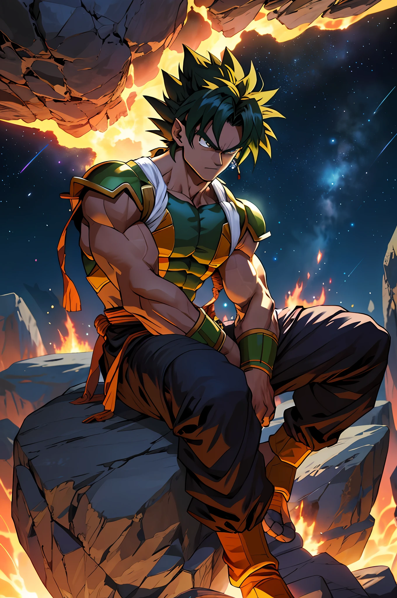 Draw a young Broly sitting on a rock in the middle of an asteroid belt. He's wearing destroyed saiyan armor. It is surrounded by several exploding asteroids and glowing with auras of fire. The dramatic lighting of distant explosions illuminates the scene, casting deep shadows on the costume. The young man looks angry, looking at the vast and mysterious universe with admiration and respect. Detailed eyes, with pupils.
