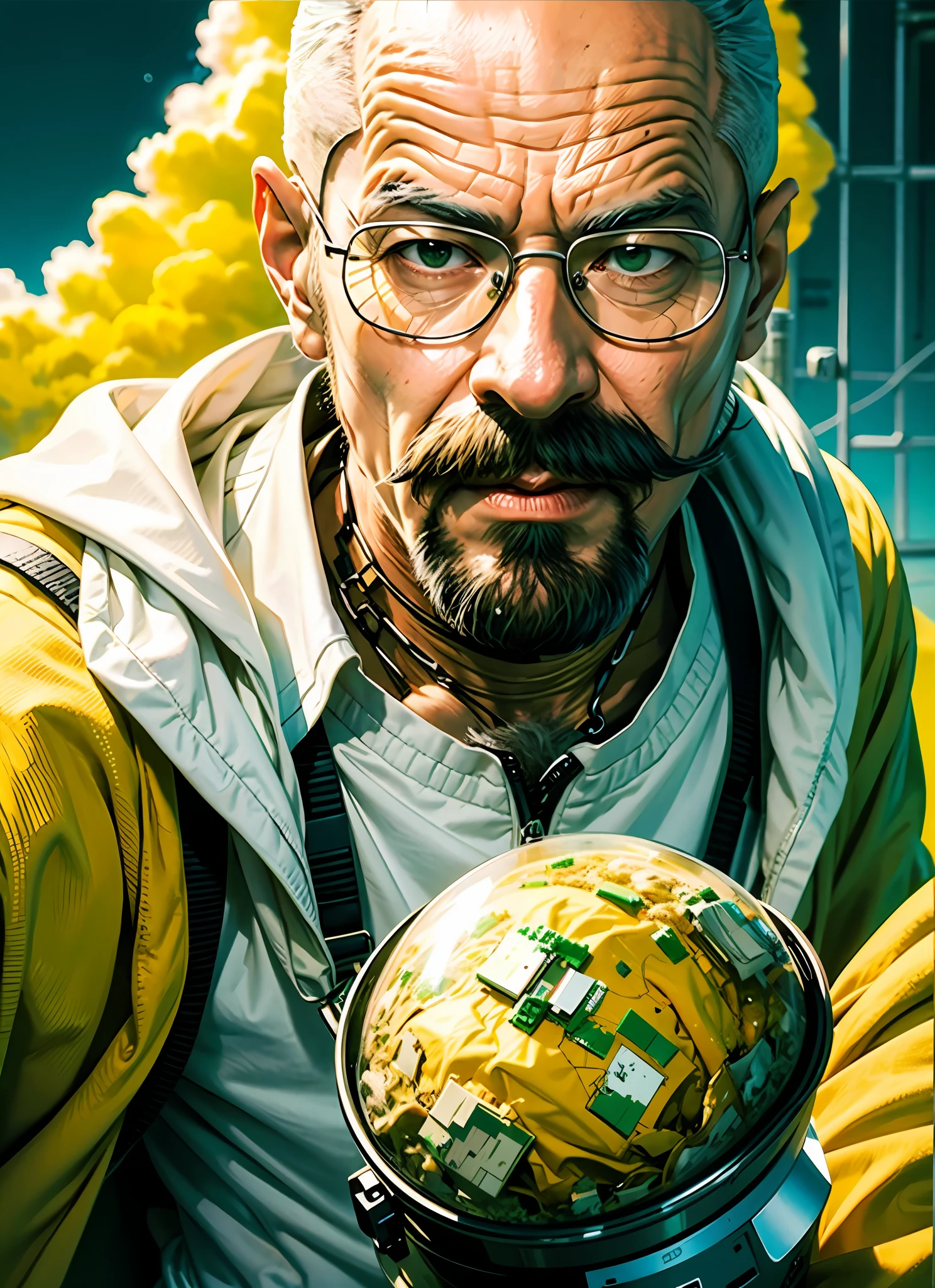 Hairy, glasses, mustache, white walter, breaking bad, want to cook, green and yellow