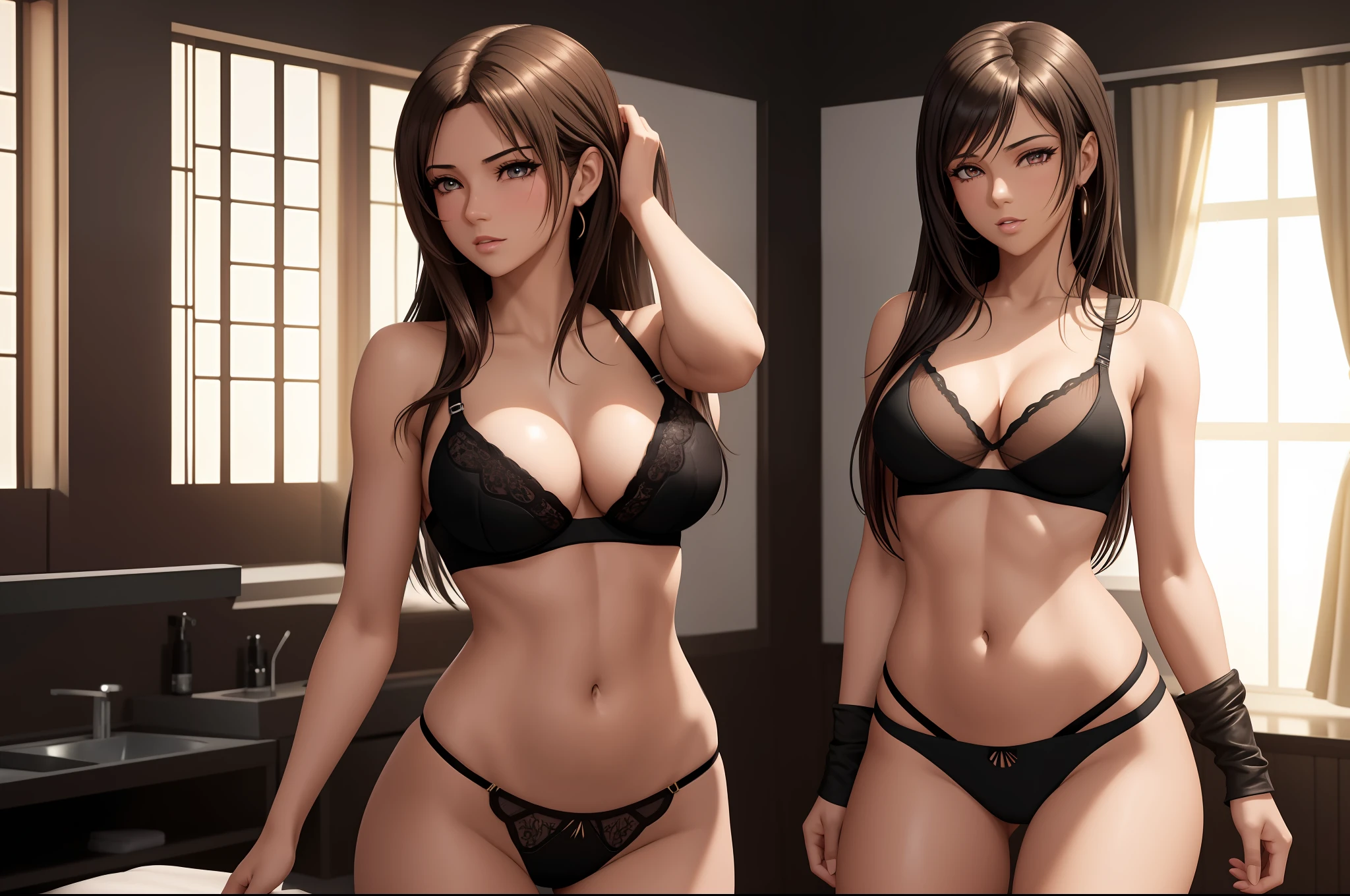 Ayla el Moussa woman in a black lingerie posing in a room, sexy body, seductive anime girl, sensual body with sexy belly, sexy girl, black bra, photorealistic perfect body, beautiful seductive anime woman, beautiful woman's body, seductive portrait tifa lockhart, brown hair and a perfect body, perfect body realistic shadow, sexy hot body, tifa lockhart