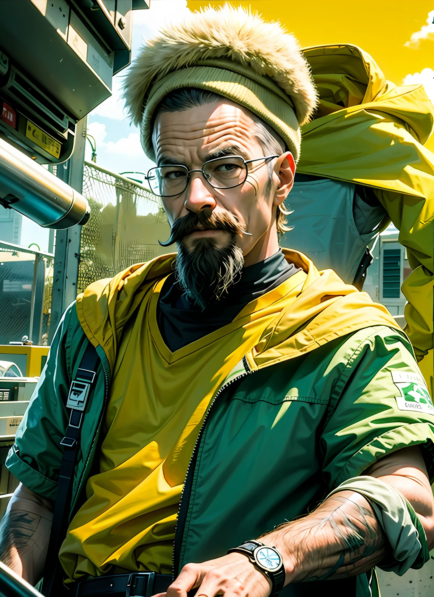 Hairy, glasses, mustache, white walter, breaking bad, want to cook, green and yellow