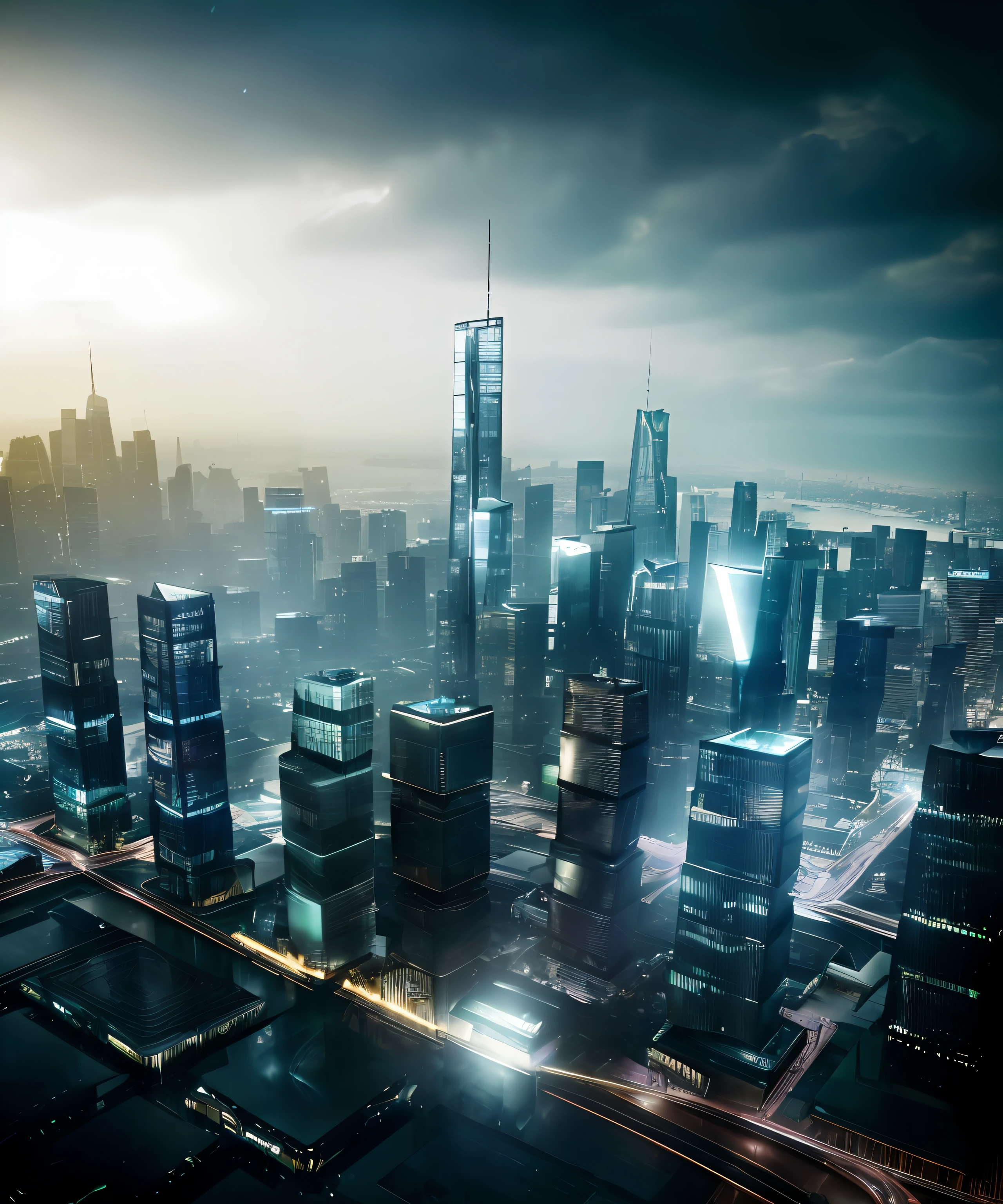 ((masterpiece, best quality)), the view of a big city full of skyscrapers from an ultramodern department at night. photorealistic. cinematic illumination. dramatic illumination. , 8k, modern architecture style, photo realistic, hyper detailed photo, clean sky, ruined city, cyberpunk,night,rain