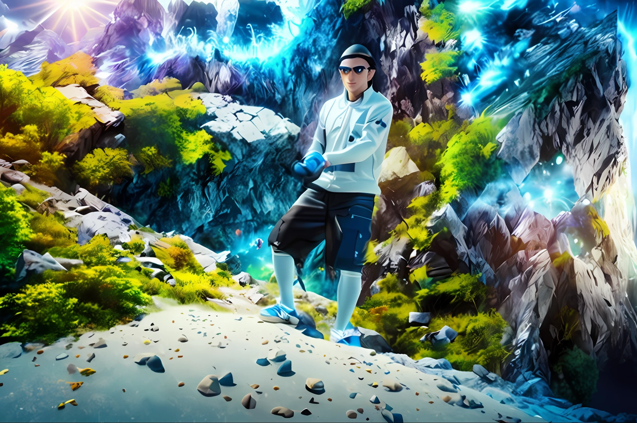anime character standing on a rock with a mountain in the background, cyber monkey in the scifi forest, stone age rave in a cave, matte painting portrait shot, adventure hyper realistic render, profile picture 1024px, photo manipulation, inspired by David LaChapelle, cyril rolando and goro fujita, (octane render) fantasy style