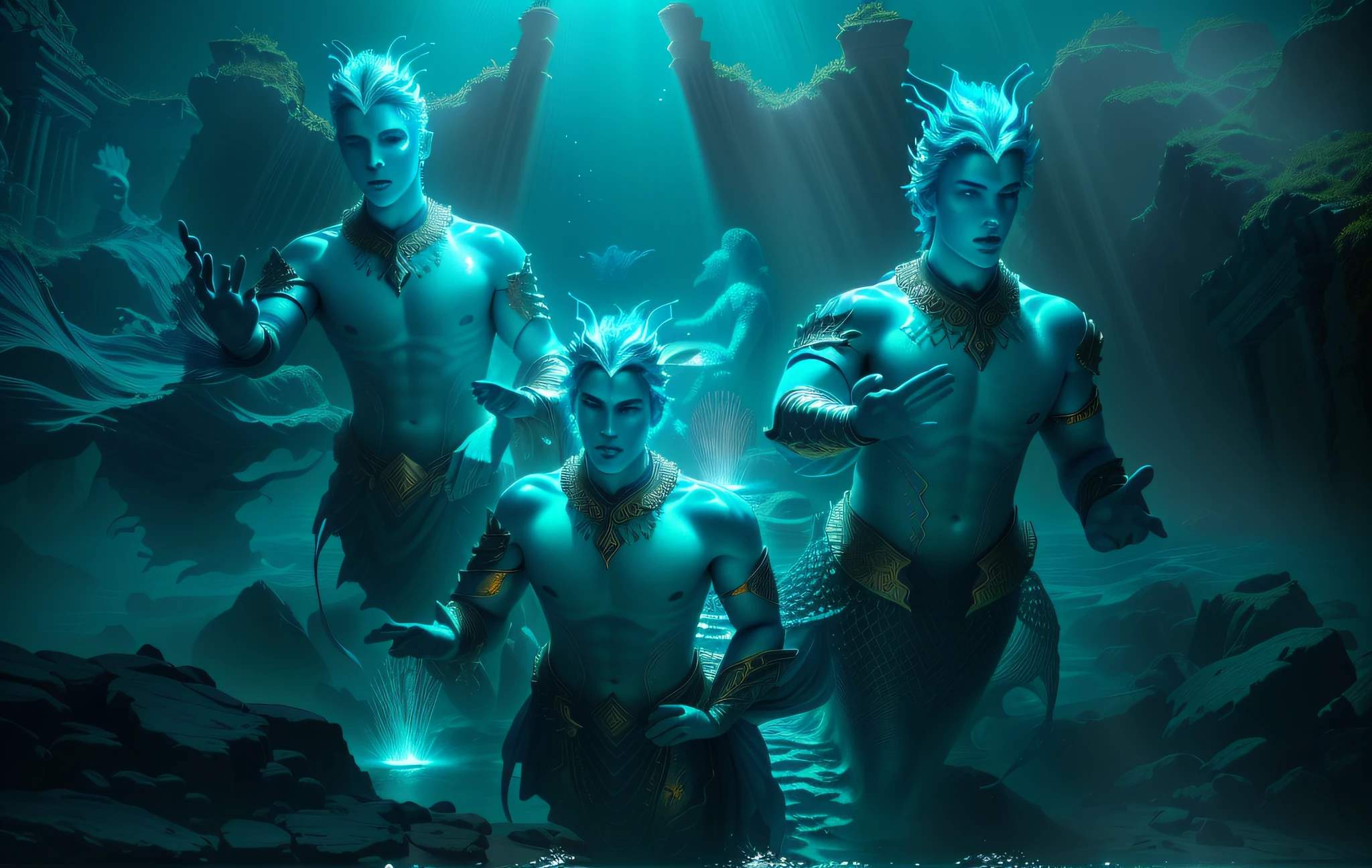 there are three men in costumes that are standing in the water, merfolk riding seahorses, gods of the deep, with glowing runes on the body, fishmen, as atlantean reptilian warriors, submerged temple ritual scene, sirens, submerged temple dance scene, mermaids, makes the sea area glowing water, (((underwater lights))), volumetric underwater lighting
