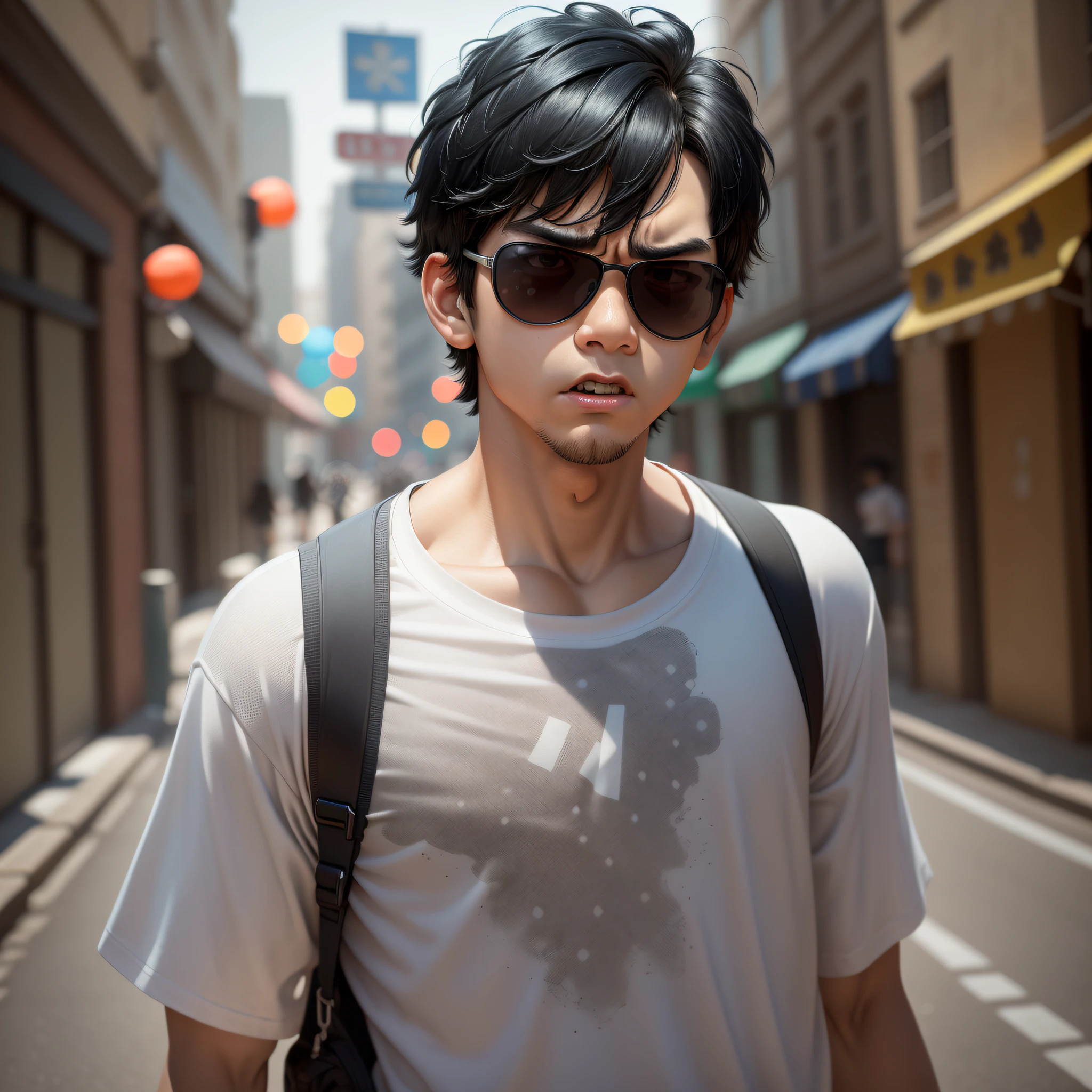 (Pixar 1.23 style) 1 Boy ((upper body front, bust shot)), solo, naughty kid, black hair, sports hair, short hair, polka dot black shirt, sunglasses, angry child, korean child, street, ((masterpiece, highest quality)), (composite lighting)