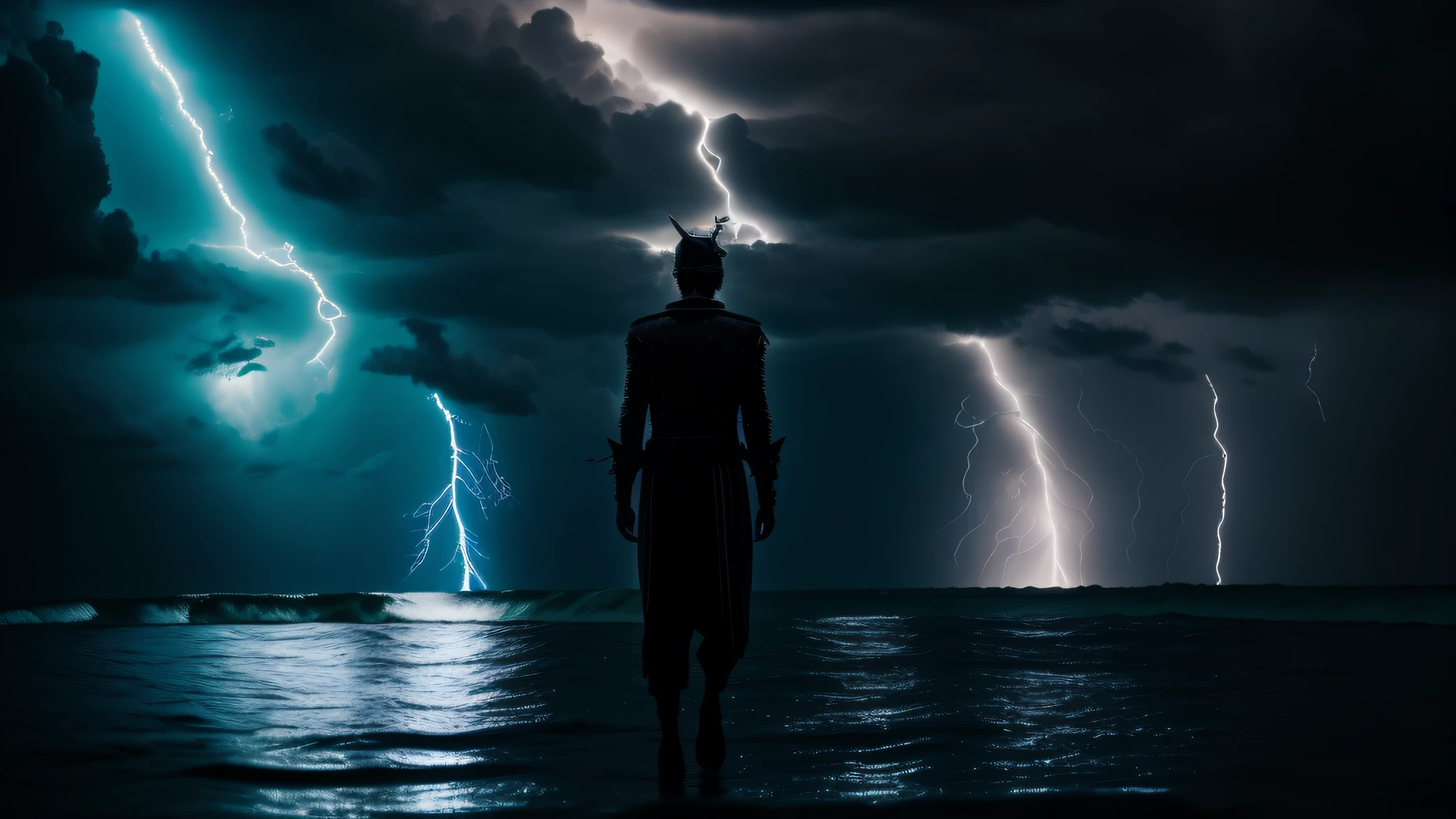 there is a man standing in the water with a lightning bolt in the background, detailed lighting and thunder, cinematic front lightning, upper volumetric lightning, one point lightning, cinematic lightning, volumetric lightning, the sea and storms behind him, volumetric lightening, lightning in the distance, might cinematic lighting, cinematic lightning and colors, in-game cinematic, shot from cinematic