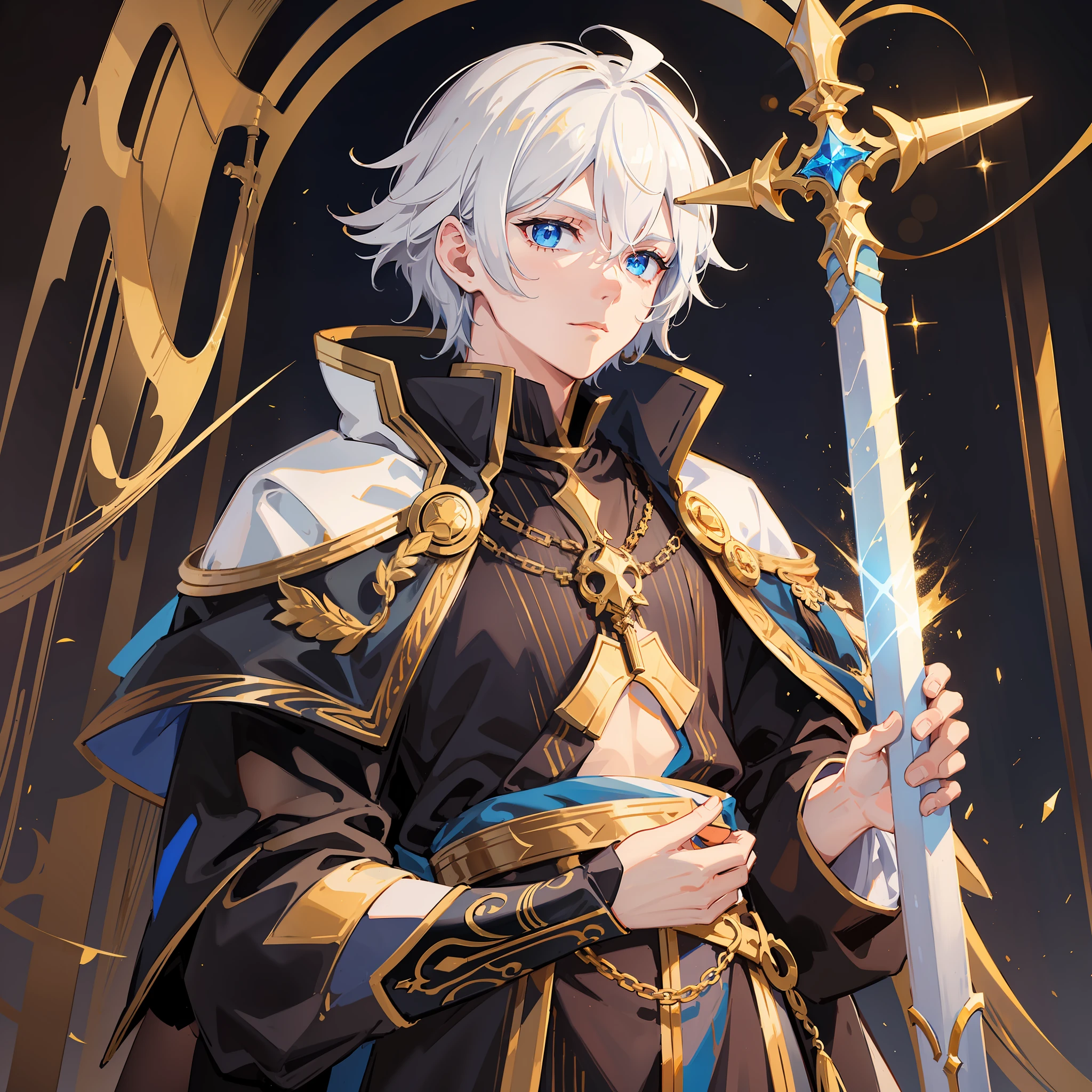 A white-haired teenager with blue eyes, wearing a black robe with gold accents and small golden flames at the end of the tunic, also has a red band around his waist and has a sword on his back