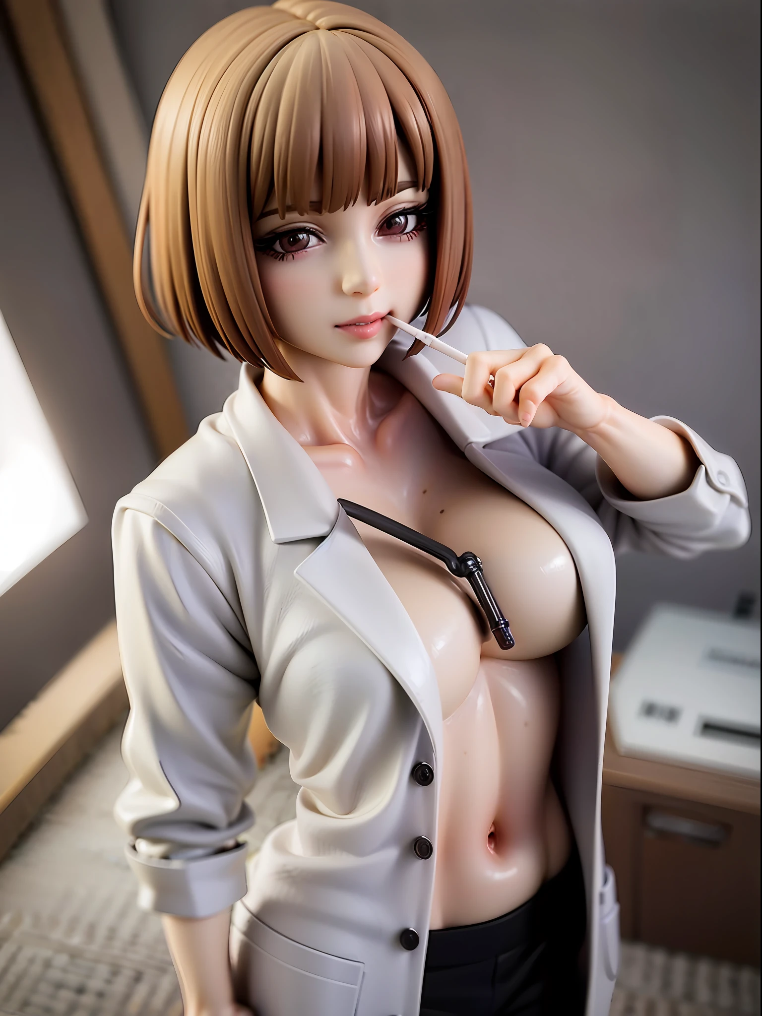 Female doctor, from above, closeup, lab coat, seductive smile, white blouse, black skinny pants, chest open, lab coat open, beige hair, bob cut, medium hair, beige eyes, holding cigarette, holding stethoscope, clinic examination room, patient's bed, medical equipment, quiet town outside window