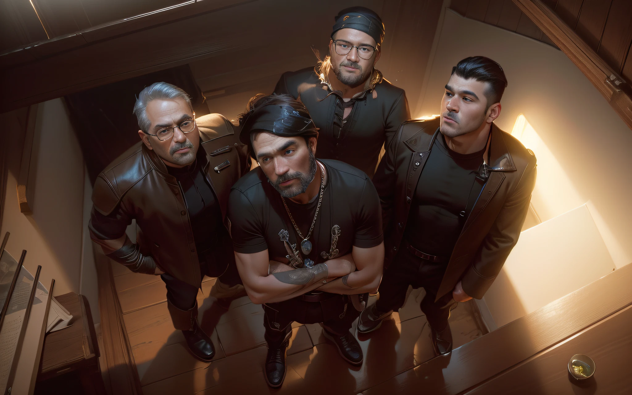There are four men standing on an old pirate ship together looking at the camera, they are pirates, dressed as pirates, faces and eyes identical to the reference image, the floor is dark wood, the walls are dark wood, portrait image, promotional photo, super high resolution, dark dramatic lighting, modelshoot style, (extremely detailed CG unit 8k wallpaper), photo of the world's most beautiful artwork, majestic professional oil painting by Ed Blinkey, Atey Ghailan, Studio Ghibli, by Jeremy Mann, Greg Manchess, Antonio Moro, trending on ArtStation, trending on CGSociety, Intricate, High Detail, Sharp focus, dramatic, photorealistic painting art by midjourney and greg rutkowski, (brightly lit) --auto --s2