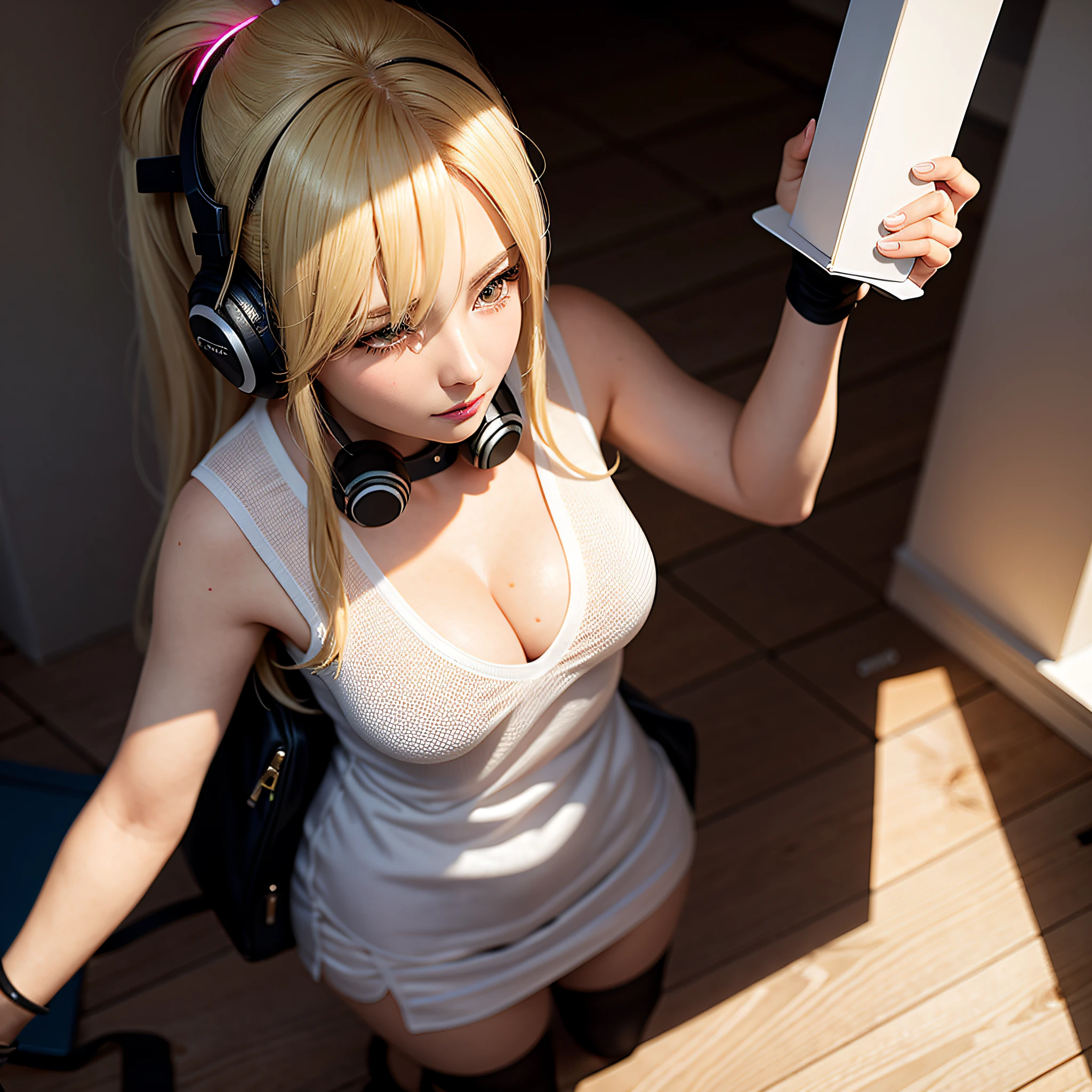 blond haired woman in white top and black headphones posing for a picture, photorealistic anime girl render, anime. soft lighting, hyperrealistic schoolgirl, a hyperrealistic schoolgirl, (sfw) safe for work, senna from league of legends, artwork in the style of guweiz, as overwatch character, seductive anime girl, rin, rendered in sfm