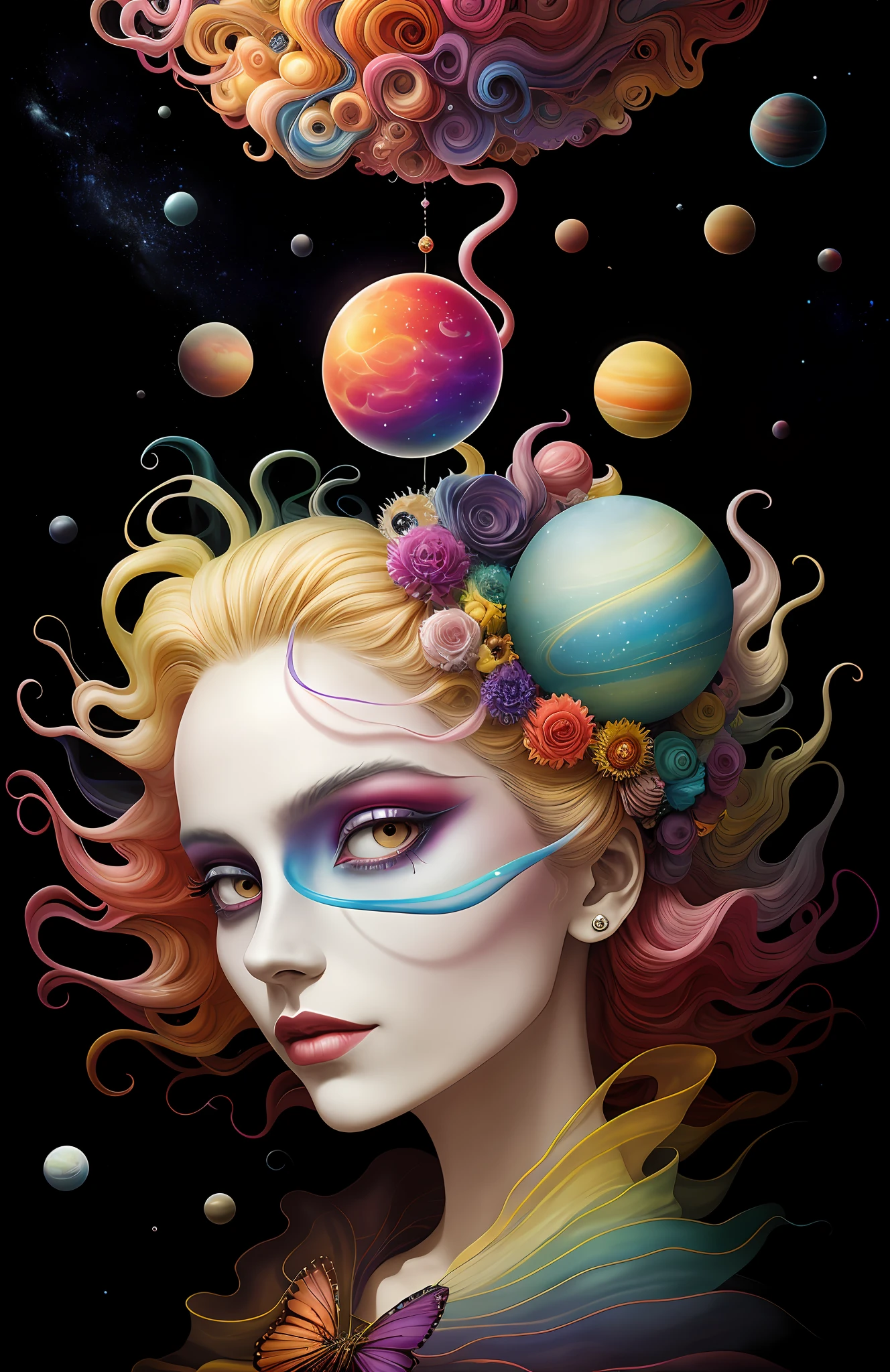 colorpop style, photo photo portrait of the sun surrounded by orbiting planetary moons, blonde pointy hair, natalie shau, mark ryden, alberto seveso, brooke shaden, anna dittmann, flora borsi, 8k resolution, perfect composition, milky way, rainbow color, flying insects, scales, wings, blue, texture, complex, gorgeous, shadow, pastel colors, 3d, Highly detailed, decorated in style, Tim Burton, Dale Chihuly, Xiaolongcheng, Cyril Rolando, by J. Gigue