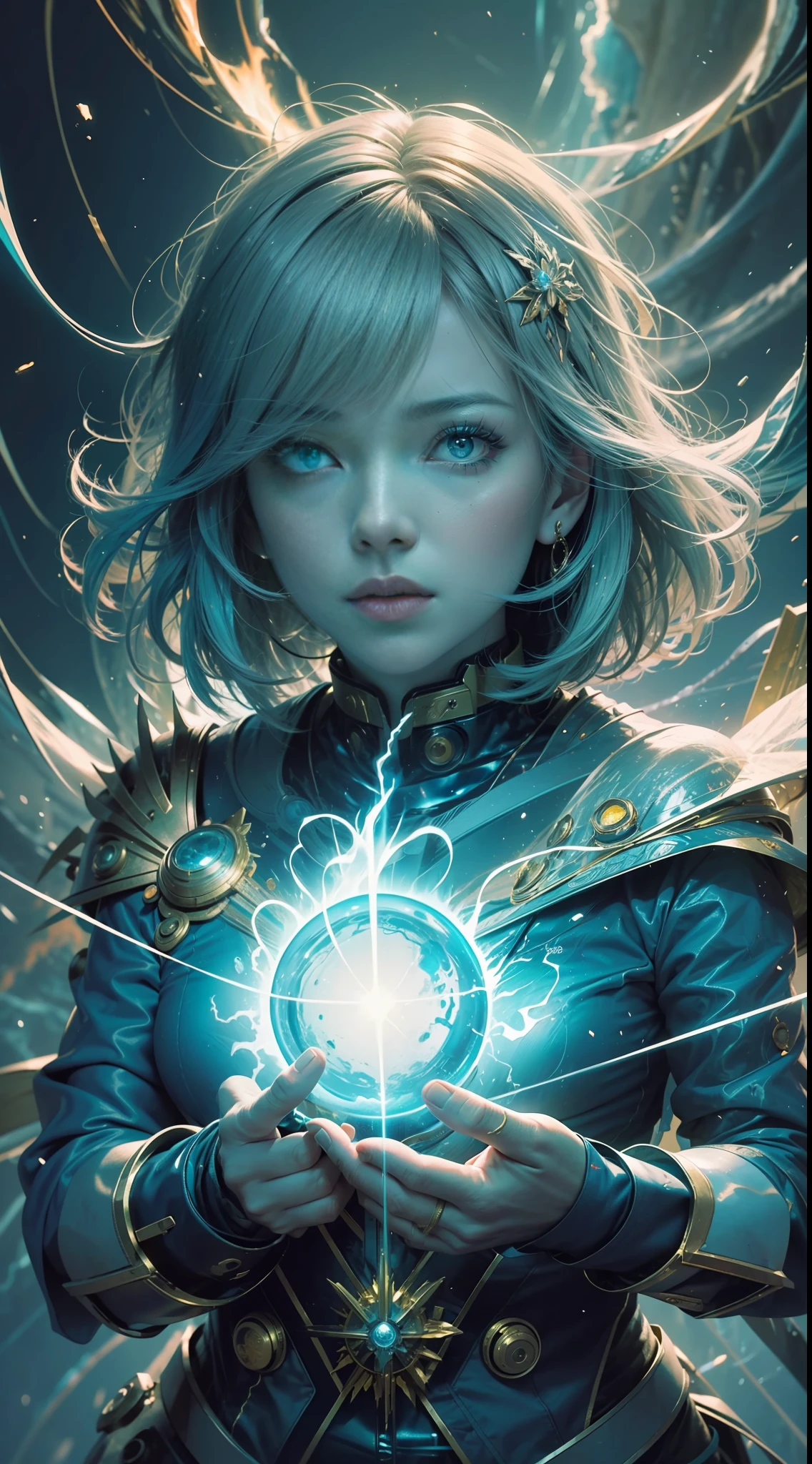 Digital Ilustration, Anime style, Woman, elemental mage engulfed in blue flames and yellow lightning, chromatic chaos, gold and ice tones, depth of field, beautiful, highly detailed, hyperrealistic, cinematic lighting, clear, space background, cinematic lighting soft, (backlight: 1.2), (flowering: 1.2), (bright light: 1.1), (chromatic aberration: 1.2), sharp focus, high contrast ,masterpiece, photorealistic