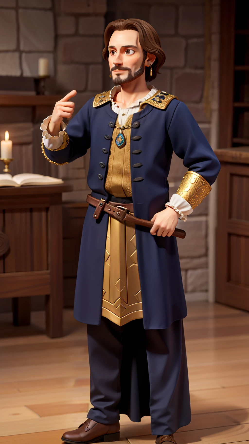 William Shakespeare, medieval clothes, was ancient, dark hair, wearing a small golden earring, better quality, real body proportions, full hd, better quality, lighting, shadows