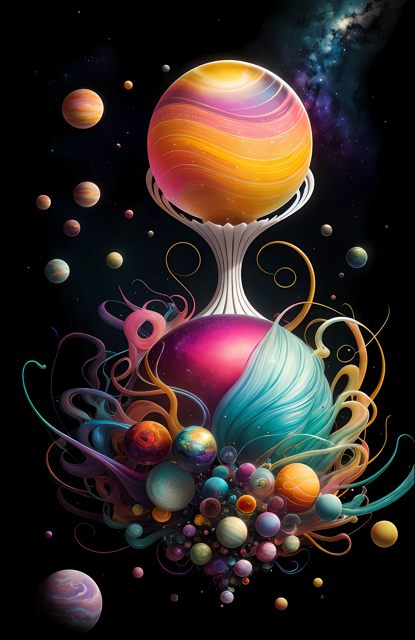 colorpop style, photo photo portrait of the sun surrounded by orbiting planetary moons, blonde pointy hair, natalie shau, mark ryden, alberto seveso, brooke shaden, anna dittmann, flora borsi, 8k resolution, perfect composition, milky way, rainbow color, flying insects, scales, wings, blue, texture, complex, gorgeous, shadow, pastel colors, 3d, Highly detailed, decorated in style, Tim Burton, Dale Chihuly, Xiaolongcheng, Cyril Rolando, by J. Gigue