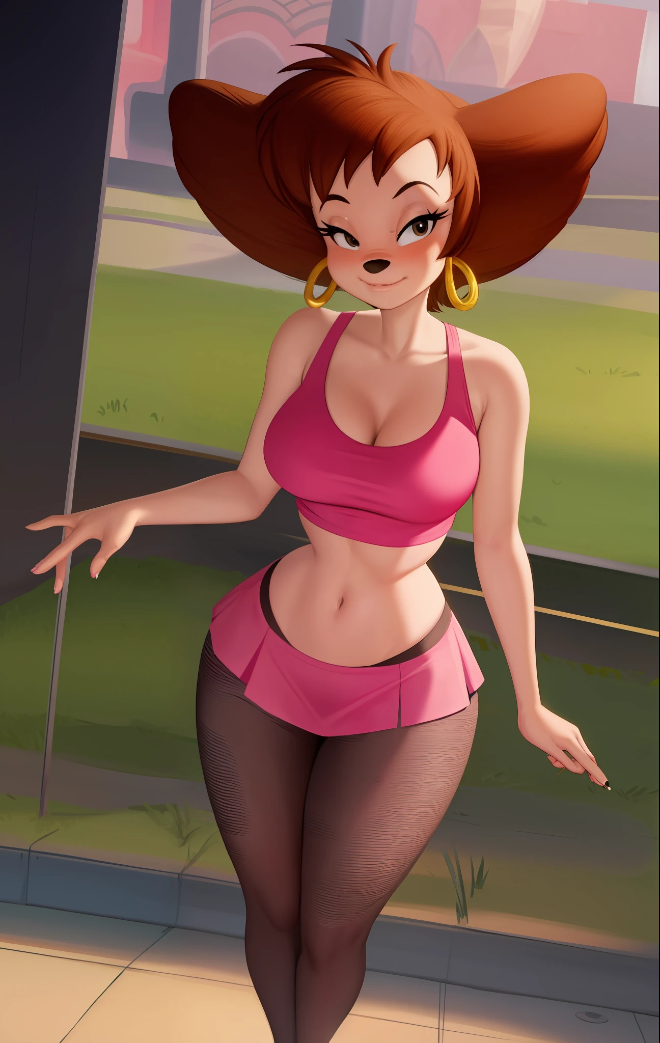 masterpiece, best quality, one girl, solo, detailed face, looking at the viewer, black eyes, gold hoop earrings, 4 fingers, detailed skin texture, (blush: 0.5), (goosebumps: 0.5), subsurface scattering, detailed skin texture, (blush: 0.2), (goosebumps: 0.3), sexual expression, portrait, pink midriff tank top, mini skirt, panty shot, high resolution, detailed night city background, black nose,  sfw, goof troop, Disney, character, anthro, detailed fingers, flirty pose, right hand behind the head, detailed between legs, detailed tummy, detailed chest, detailed knees, breast blush, fishnet tights, high-heeled shoes, detailed nails, body fluids