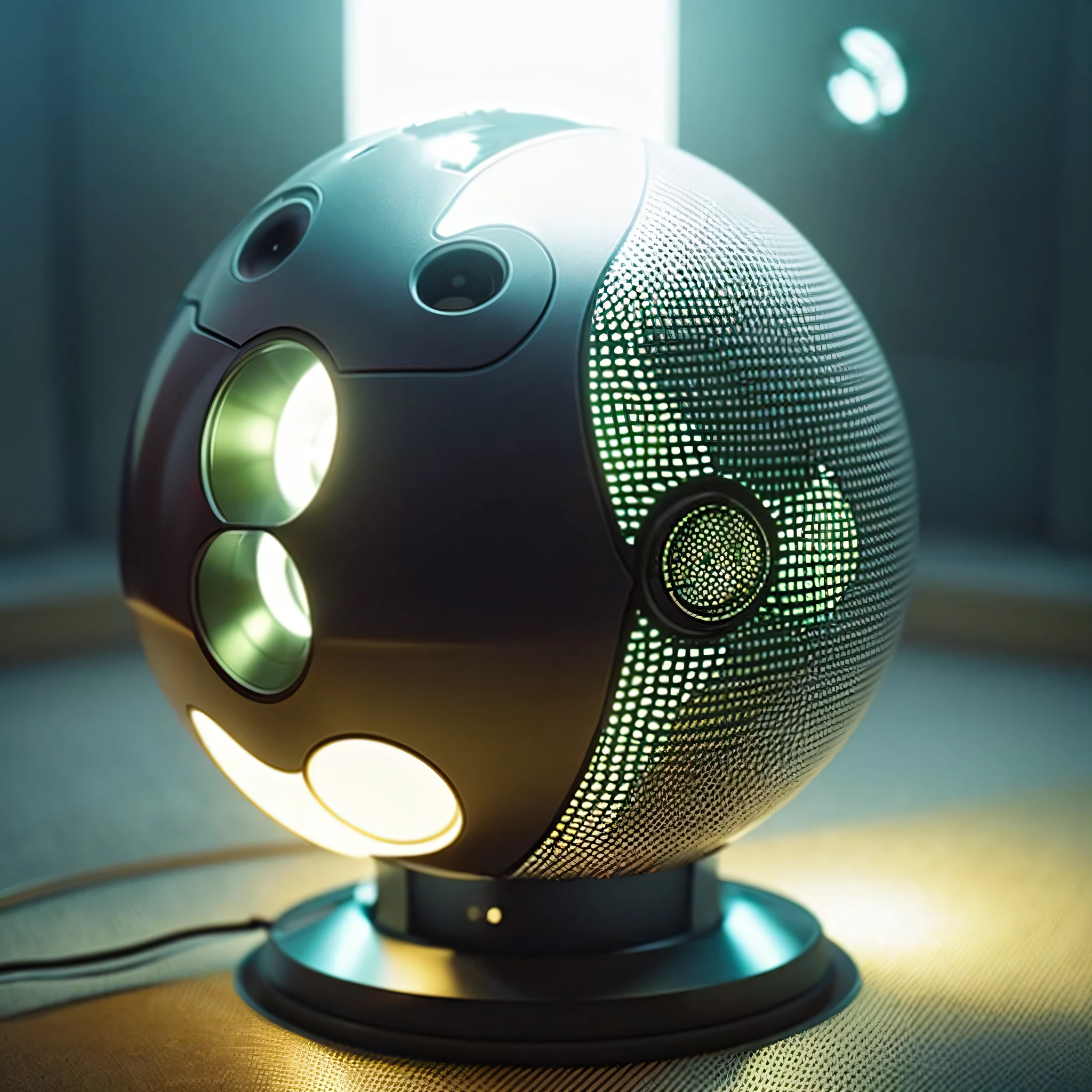 there is a black and white sphere shaped speaker with lights on, highly detailed octane render, beautiful octane render, super detailed octane render, hyperrealistic octane render, high detail octane render, super rendered in octane render, realistic detailed octane render, rendered in octane render 32k, photorealistic octane render 8 k, rendered in cinema 4 d octane, amazing octane render