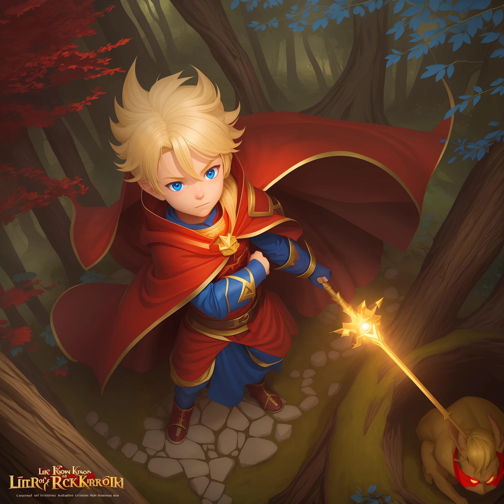Hero-type character,in quality altar with red cape,blonde hair,blue eye,for children's book story with title The Little Hero of the Toy Kingdom(in a forest)large trees (fighting with a goblin) --auto --s2