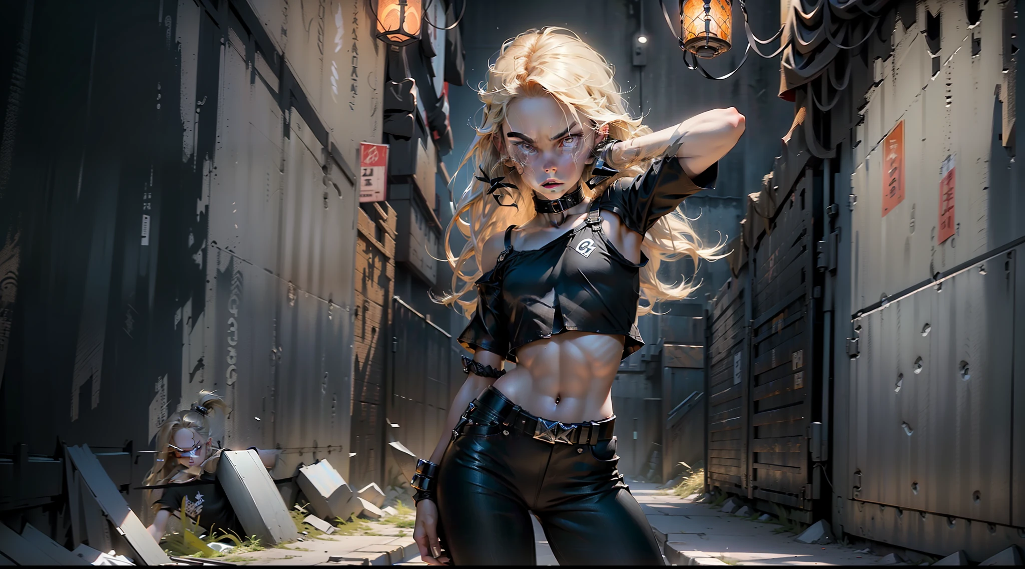 (((dynamic pose))), (((open quandro)))), Beautiful 12-year-old western girl, angry look ((young girl, very young, 12 years old)), blonde, long hair, pale skin, thin, collarbone, ((flat chest)), intricate details, wide black ninja pants, black top, ALL Star sneakers, fighting with cops,