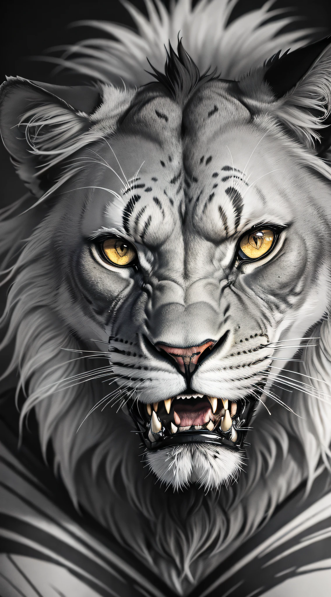 animal lion style work black, fierce, blood in the mouth, evil, high detail, detailed eyes, detailed face, crazy eyes, blank eyes, crazy, nervous, image fill, multiple monochrome, motion lines, film grain, best quality, super detail, 4K