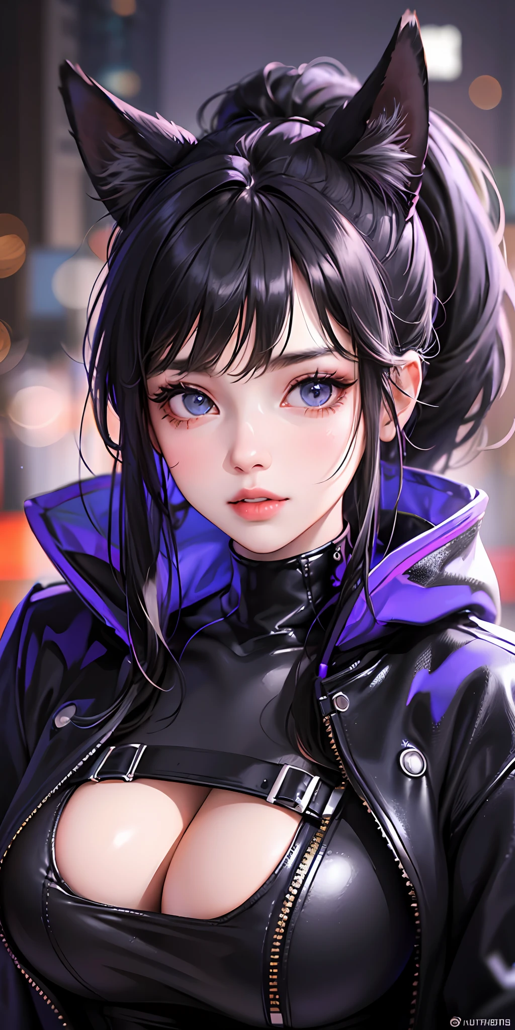 Fashion trend women, cute, shy, beautiful and moving, delicate facial makeup, messy hair, black hair and waist, wavy bangs curly hair, ponytail, (animal ears: 1.3), beautiful and delicate eyes, long eyelashes, huge breast weight, beautiful figure, beautiful curves, cyberpunk clothes, leather textured jacket_hood, coat open, cotton fashion T-shirt, (very dark: 1.4), neon, blue and violet light, city night view, depth of field, dreamy, Gaussian blur, (bust), portrait