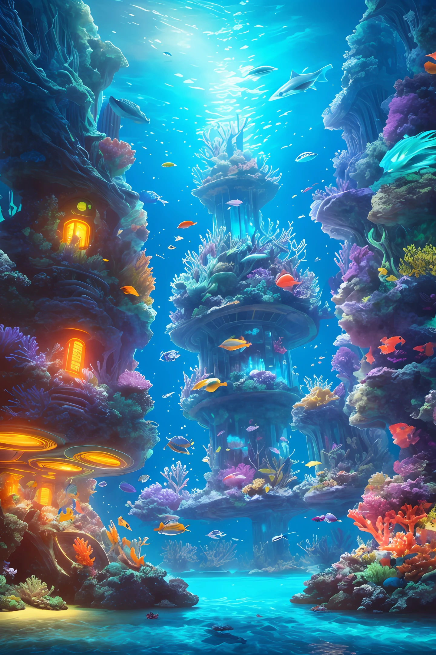 People diving into a beautiful coral with various fish, ultra realistic, 4k, cinema, landscape