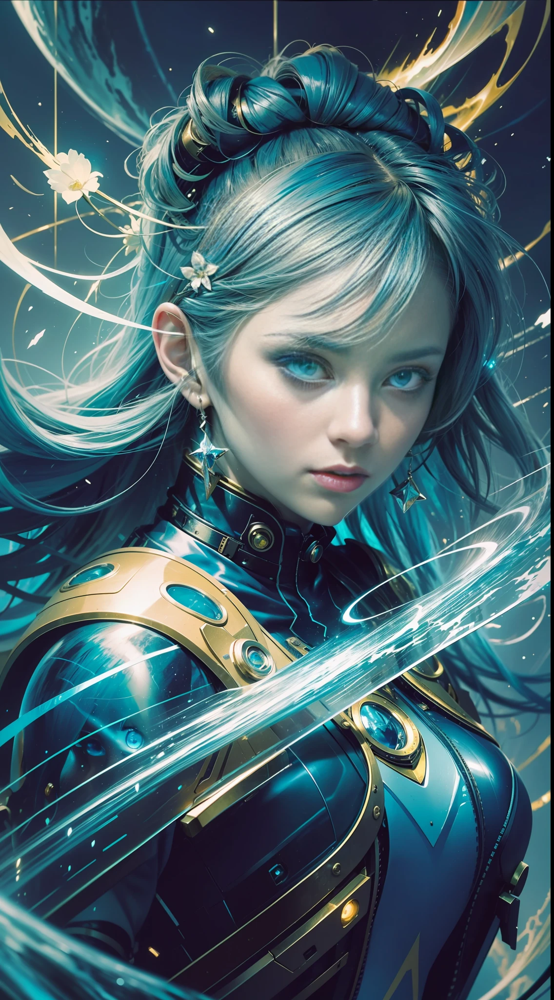 Digital Ilustration, Anime style, Woman, elemental mage engulfed in blue flames and yellow lightning, chromatic chaos, gold and ice tones, depth of field, beautiful, highly detailed, hyperrealistic, cinematic lighting, clear, space background, cinematic lighting soft, (backlight: 1.2), (flowering: 1.2), (bright light: 1.1), (chromatic aberration: 1.2), sharp focus, high contrast ,masterpiece, photorealistic