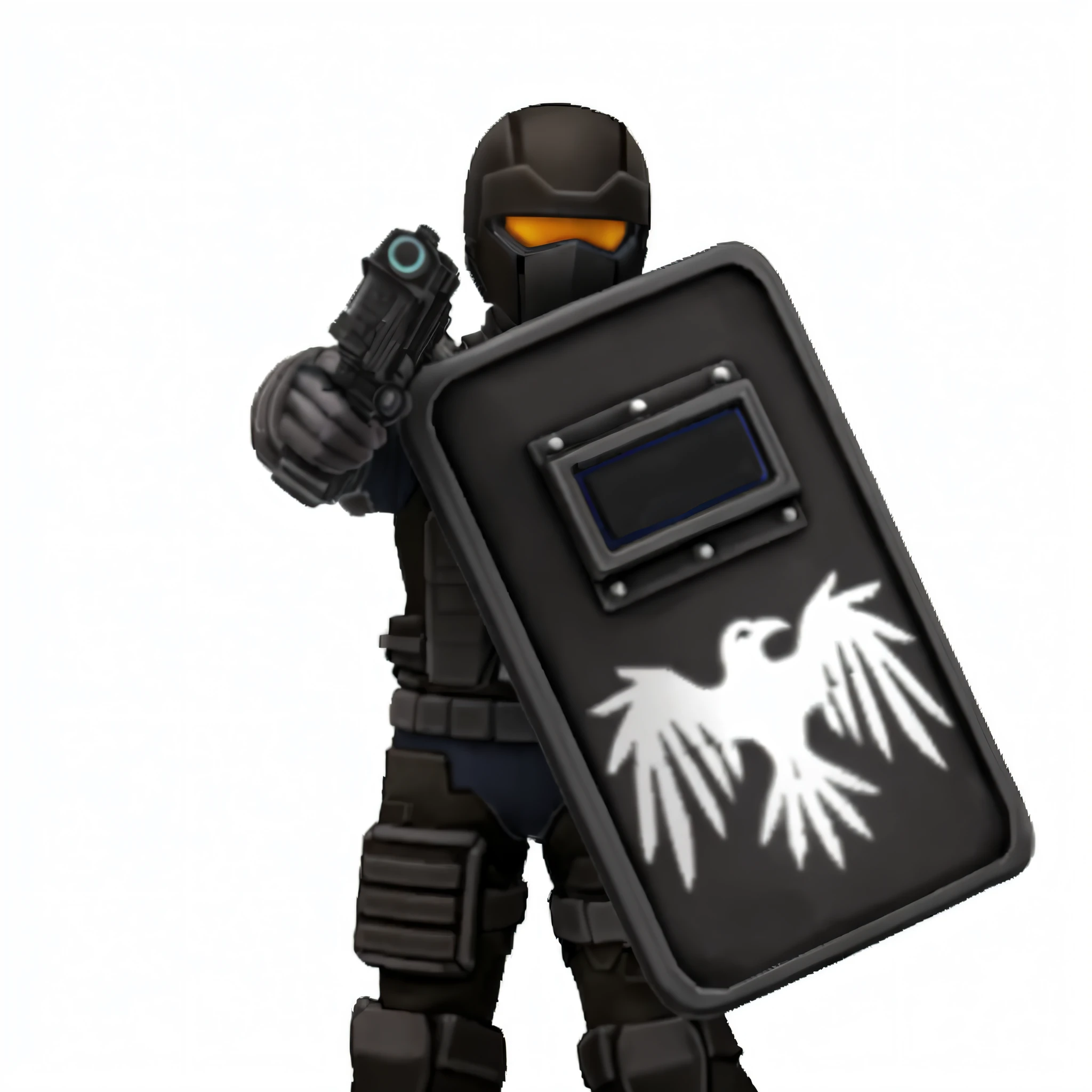 a close up of a person holding a gun and shield, holding weapon and shield, crow in cyber armour, riot shields, holding a shield, streamlined matte black armor, tactical armor, helghast, shield design, holding a shield and gladius, odst, black aarakocra eagle warlord, black plate armor, clothed in stealth armor