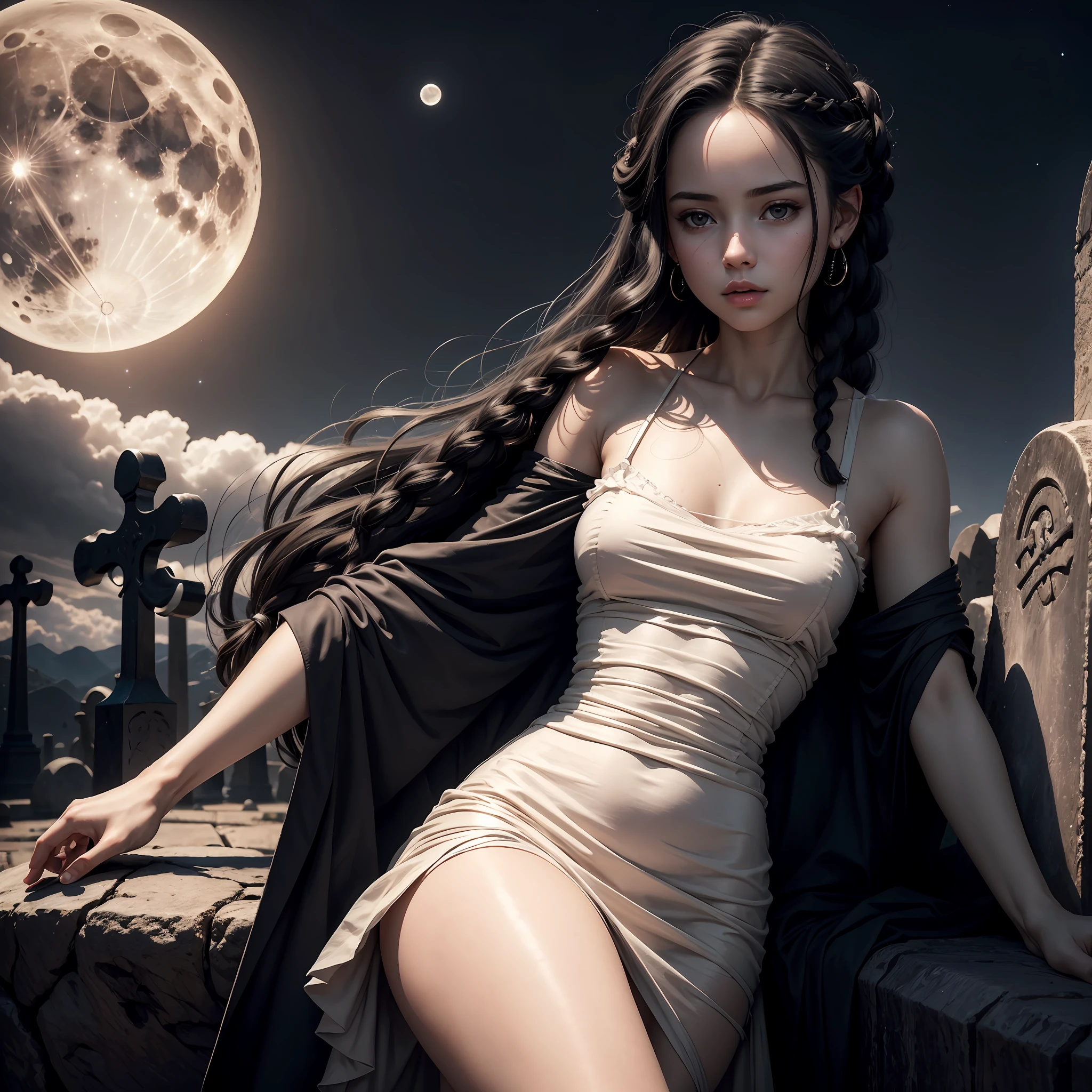 Ultra Realistic, Best Quality, 8k, Masterpiece, Black Haired Girl, White Skin, Braids, Black Dress, Baby Face, Small, Slender, Full Moon Shining Graveyard