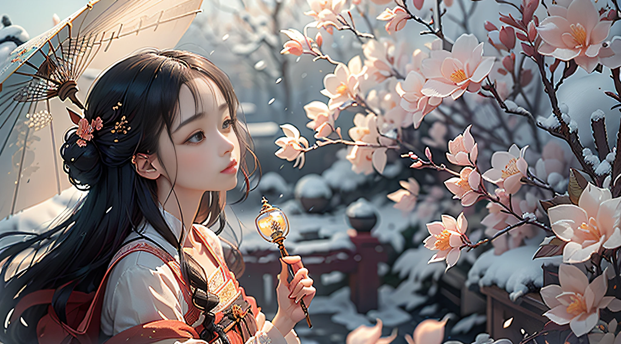 There is a woman in red dress holding a white umbrella, traditional Chinese white umbrella, wild snow scene, a girl in Hanfu, Hanfu, Chinese girl, Chinese woman, Chinese style, white Hanfu, red shawl, snowing, distant scene one A peach blossom tree, full of peach blossoms, a few villages of peach blossoms stretching down from the close-up view, a lot of peach petals floating in the air, heavy snow with goose feathers, 2 colorful butterflies flying, traditional Chinese clothing, cover photo Du's portrait Juan, portrait photo, China Princess, wearing red cheongsam, inspired by Tang Yifen, black haired goddess, beautiful brunette girl, oriental girl, master work, best picture quality, higher quality, high detail, super high resolution, 8k resolution, depth of field, Cinematography, Intricate detail, Elaborate, Meticulous, Magnificent, Maximum detail, Extreme beauty, (((1girl, solo))), 18age, Long hair, Black hair, White skin, Realistic, Masterpiece, (best picture quality), higher quality, high detail, super high resolution, panorama, exquisite facial features, perfect face, glowing skin, dreamy background, women, girls, angels, mini girls, goddesses, poets, shy, Surprise, shoulder-length hair, black hair, sharp and clear focus, three-dimensional silhouette, correct proportions, realistic portrait, face close-up, a very temperamental beautiful girl, slender figure, exquisite facial features, flowing long hair, Black hair, extremely detailed hair description, (collarbone), perfect face, clean and flawless face, long eyelashes, light pink eye shadow, shallow dimples, blush, watery big eyes crystal clear, delicate cream Glowing skin like skin, detailed skin details, CFG scale: 8, Hires upscale: 1.5, PT: Luo Tianyi, Shenli Linghua, LoRA: Hanfu 2.5D-4(0.3), Asian Face Girl-1(0.15) , OC rendering--V6
