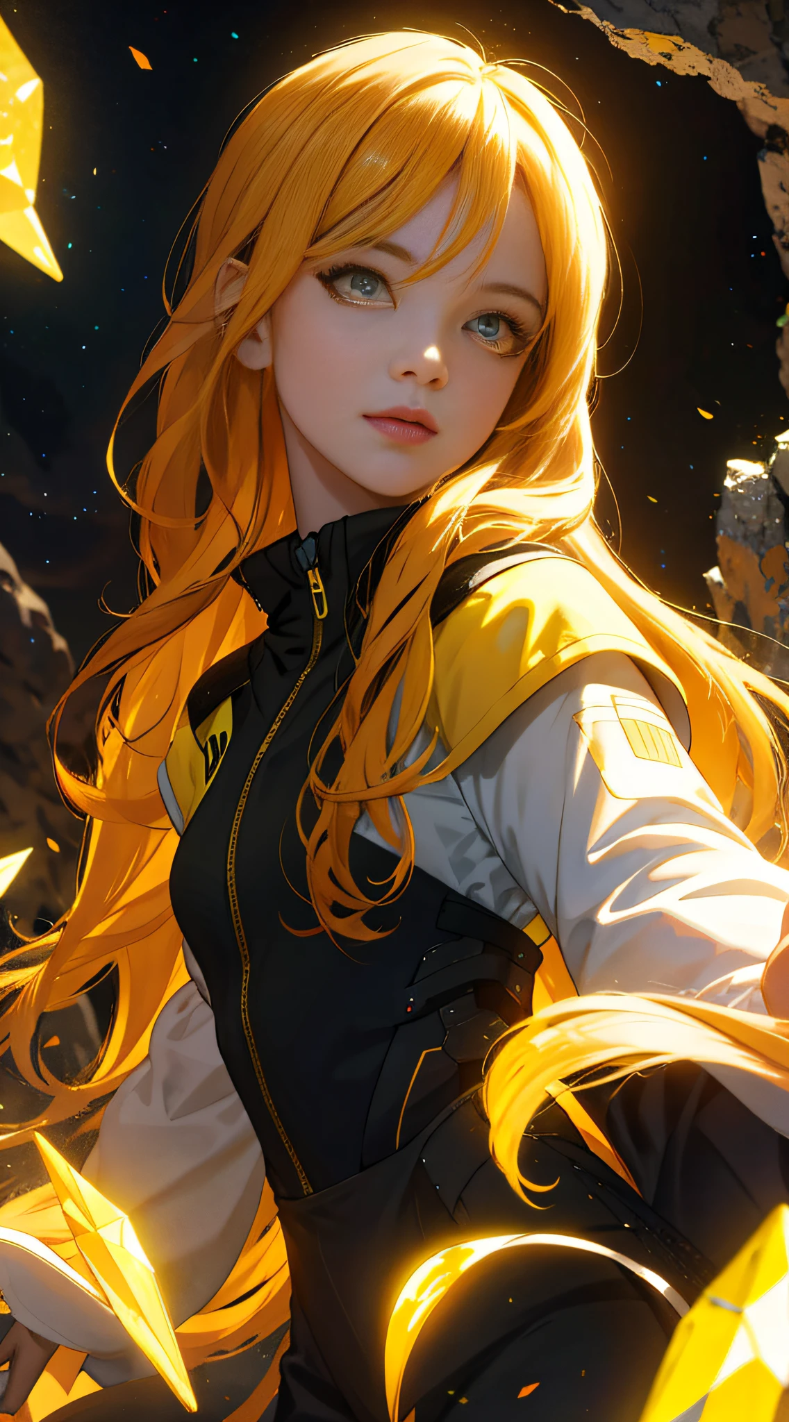 1woman .colorful eyes, yellow wavy long hair, crystal canyon background, looking at viewer,extremely detailed CG unity 8k wallpaper