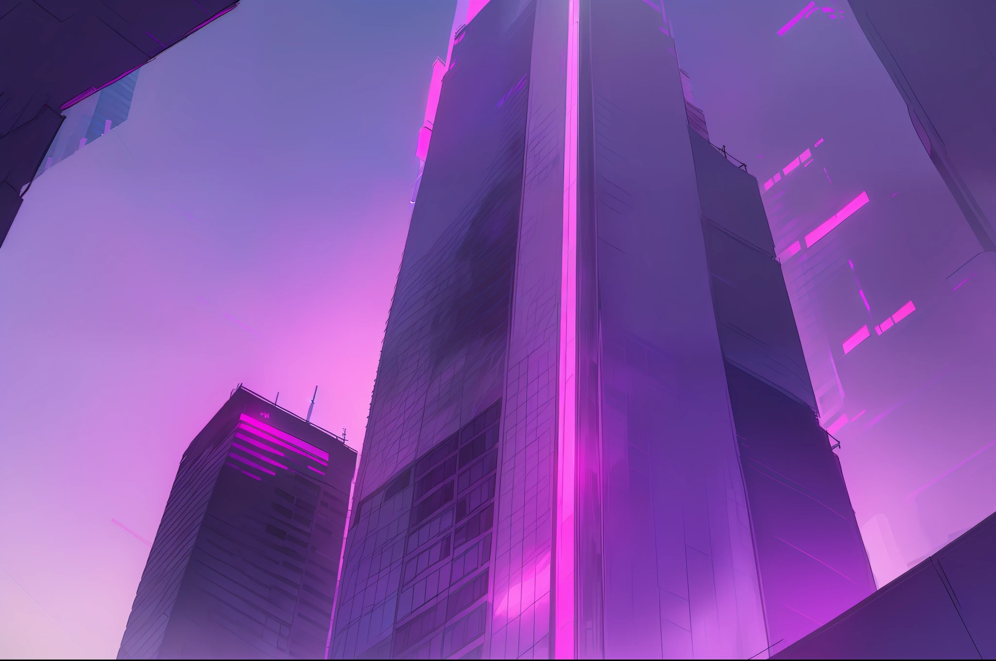 View from below one ((Skyscraper)), in one night, lines of (purple neon)