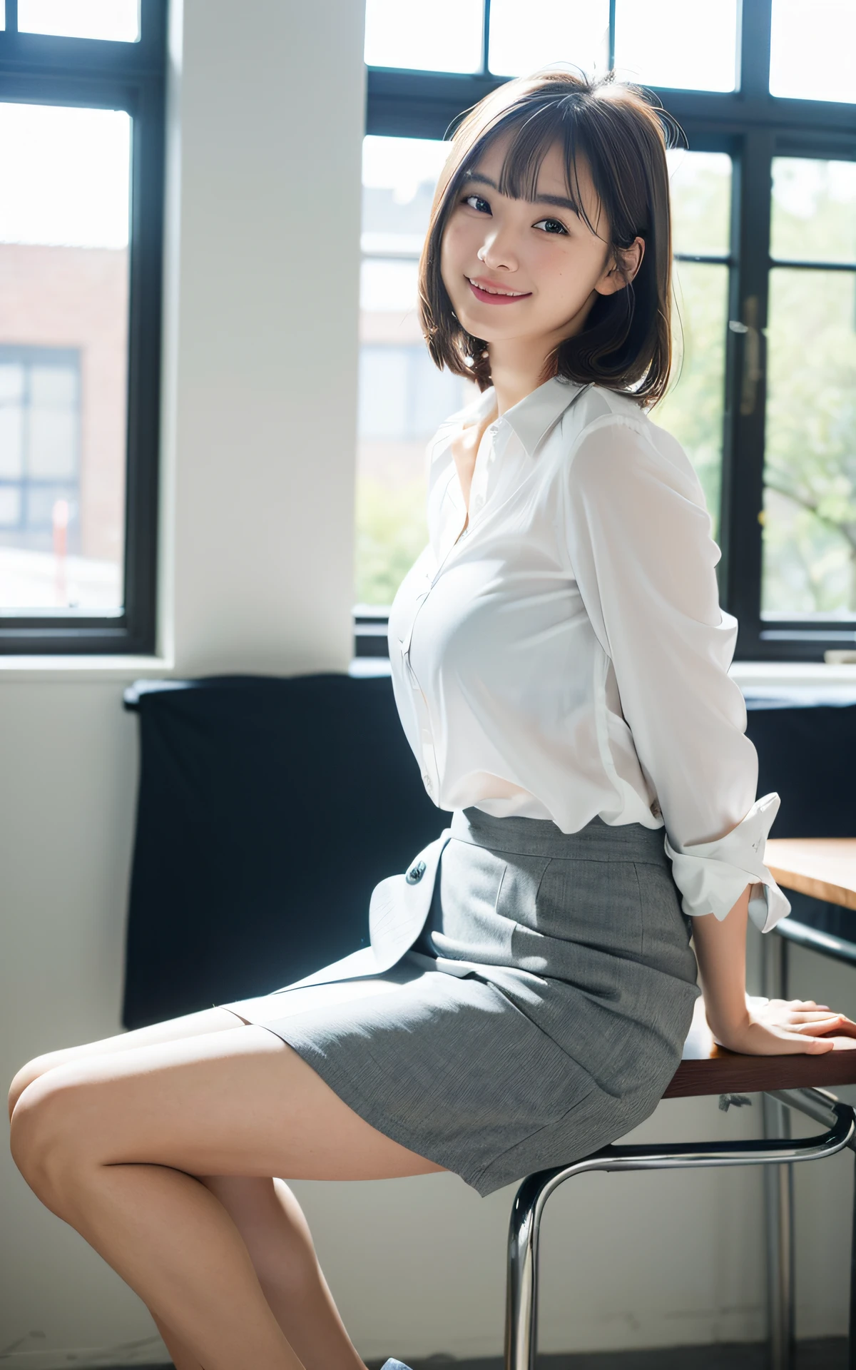 8k, RAW photos, top quality, masterpiece: 1.2), ultra detailed, super resolution, (real, real photos: 1.37), portraits, high-definition RAW color photos, professional photos, very detailed and beautiful, very detailed, 8k wallpapers, amazing details, huge file size, official art, highly detailed CG Unity 8k wallpapers, highly detailed beautiful girls, highly detailed faces, Highly detailed eyes, very detailed skin, highly detailed fingers, very detailed nose, highly detailed detailed mouth, perfect anatomy, highly detailed background, very detailed clothing, one girl, cute girl, famous Japan idol, cute, realistic body, petite, white skin, radiant skin, slim body, (blunt bangs: 1.2), smile, cute, youthful, cute face, realistic face, delicate eyes, sagging eyes, camera gaze, contrapost, high street, public, crowd, dynamic lighting, very big breasts, high school, classroom, teacher, medium brown shorthair, ((view (viewed: 1.1)), smile, (window), blackboard, desk, beaker, microscope, test tube, chair, ((Standing in the schoolyard)))), suit, gray skirt, (Simple white blouse)))), half updo, from below, side light, show panty, squatting, spread legs, (((lower body)))),underwear, white panty,