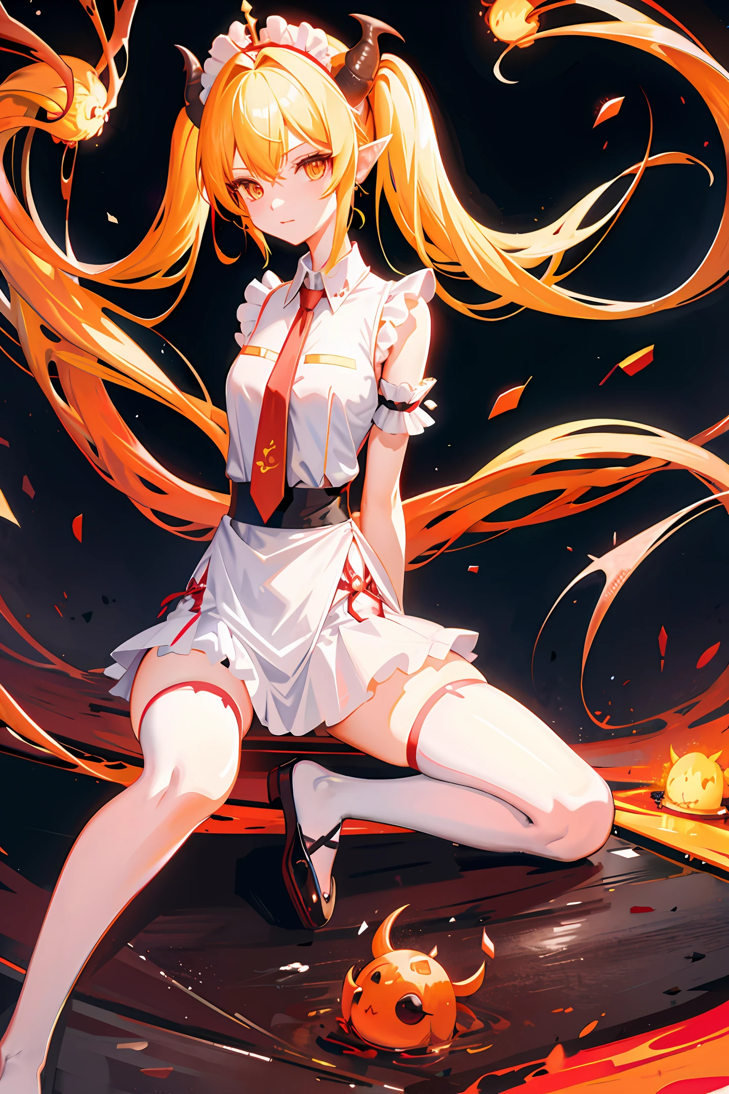 1girl, dragon girl, maid headdress, puffy short sleeves, red necktie, arms behind back, tohru, horns, dragon tail, twintails, blonde hair, looking at viewer, solo, spread legs,