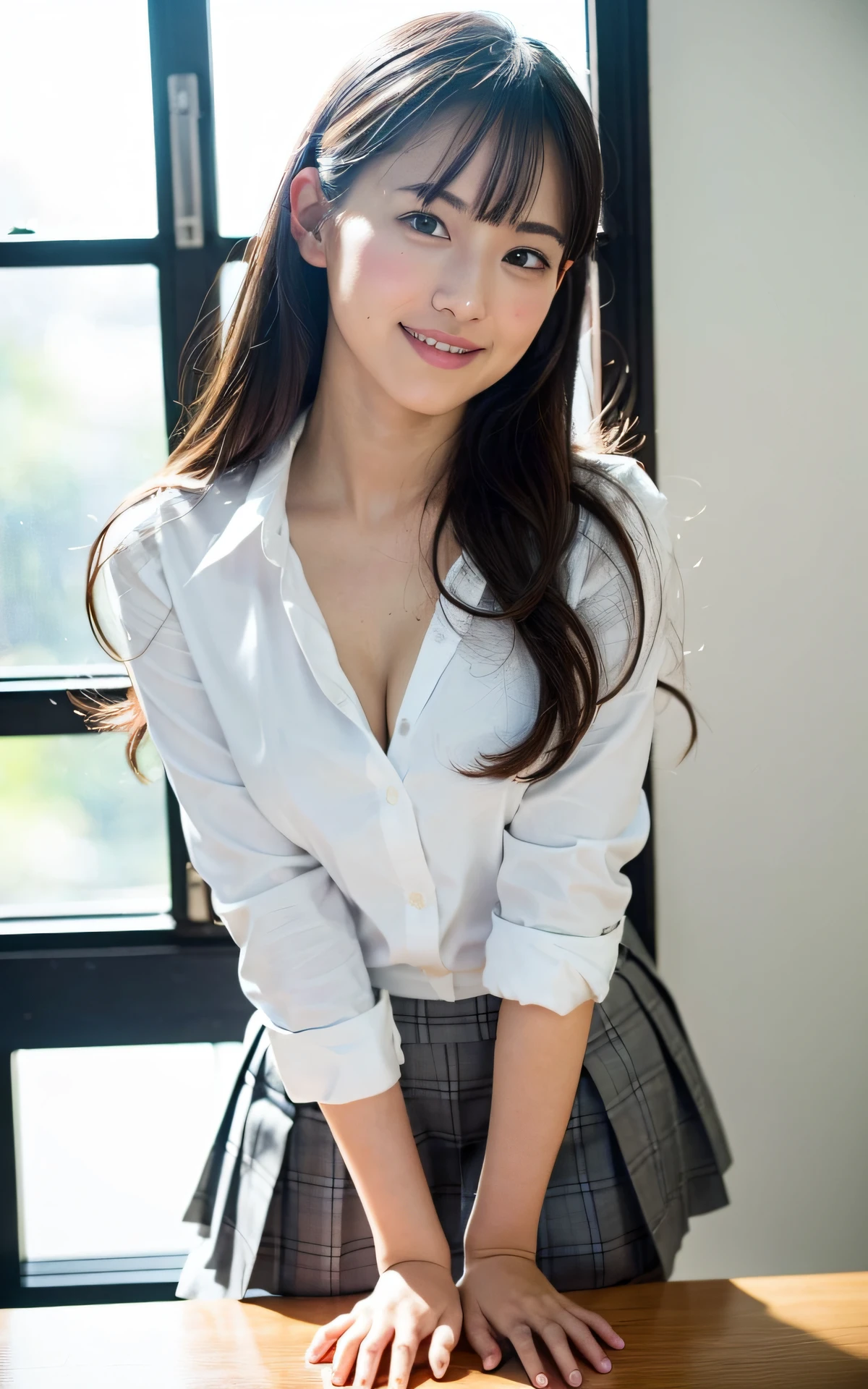 8k, RAW photos, top quality, masterpiece: 1.2), ultra detailed, super resolution, (real, real photos: 1.37), portraits, high-definition RAW color photos, professional photos, very detailed and beautiful, very detailed, 8k wallpapers, amazing details, huge file size, official art, highly detailed CG Unity 8k wallpapers, highly detailed beautiful girls, highly detailed faces, Highly detailed eyes, very detailed skin, highly detailed fingers, very detailed nose, highly detailed detailed mouth, perfect anatomy, highly detailed background, very detailed clothing, one girl, cute girl, famous Japan idol, cute, realistic body, petite, white skin, radiant skin, slim body, (blunt bangs: 1.2), smile, cute, youthful, cute face, realistic face, delicate eyes, sagging eyes, camera gaze, contrapost, high street, public, crowd, dynamic lighting, very big breasts, high school, classroom, teacher, medium brown shorthair, ((view (viewed: 1.1)), smile, (window), blackboard, desk, beaker, microscope, test tube, chair, ((Standing in the schoolyard)))), suit, gray skirt, (Simple white blouse)))), half updo, from below, side light, show panty, squatting, spread legs, (((lower body)))),underwear, white panty,