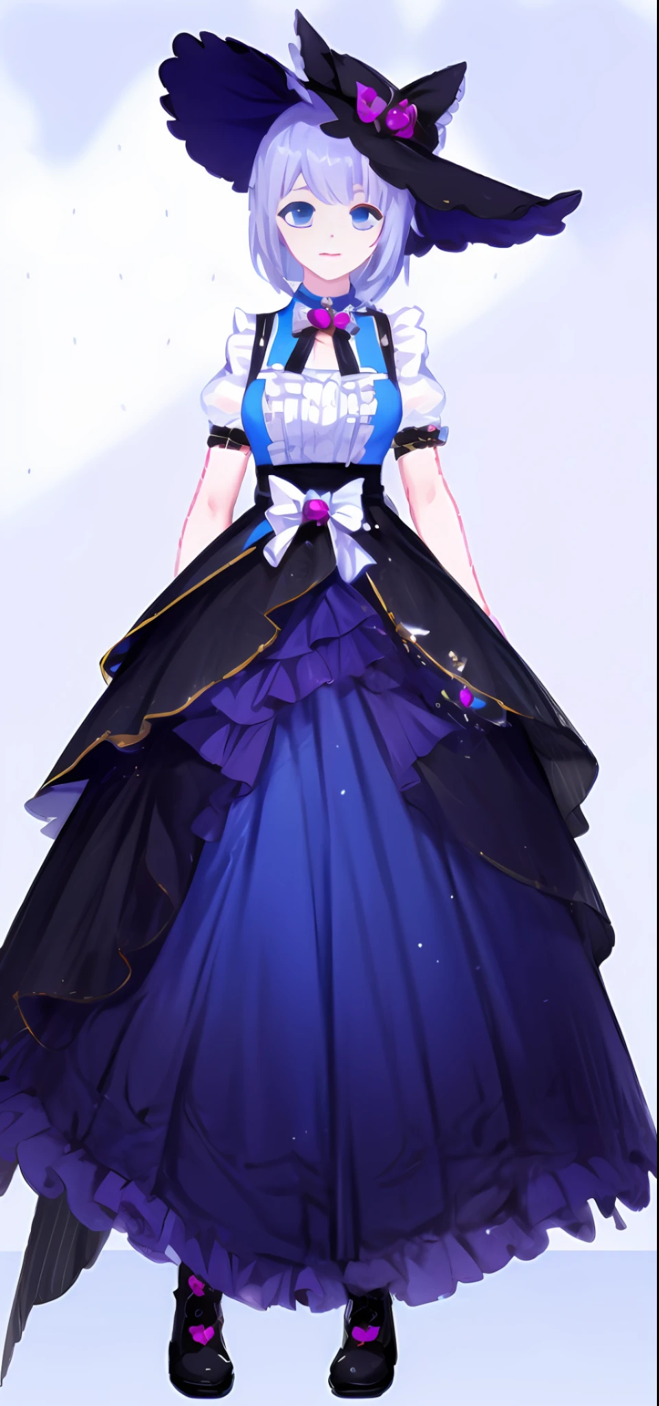 AVAKuma OC anime girl in a dress with a bow and a bow tie, lunar themed attire, cute anime waifu in a nice dress, frilly outfit, my dress up darling anime, fantasy outfit, multilayered outfit, astral witch clothes, azur lane style, maid outfit, costume with blue accents, clear outfit design in dress, magic uniform, maybe no panties, peeing self