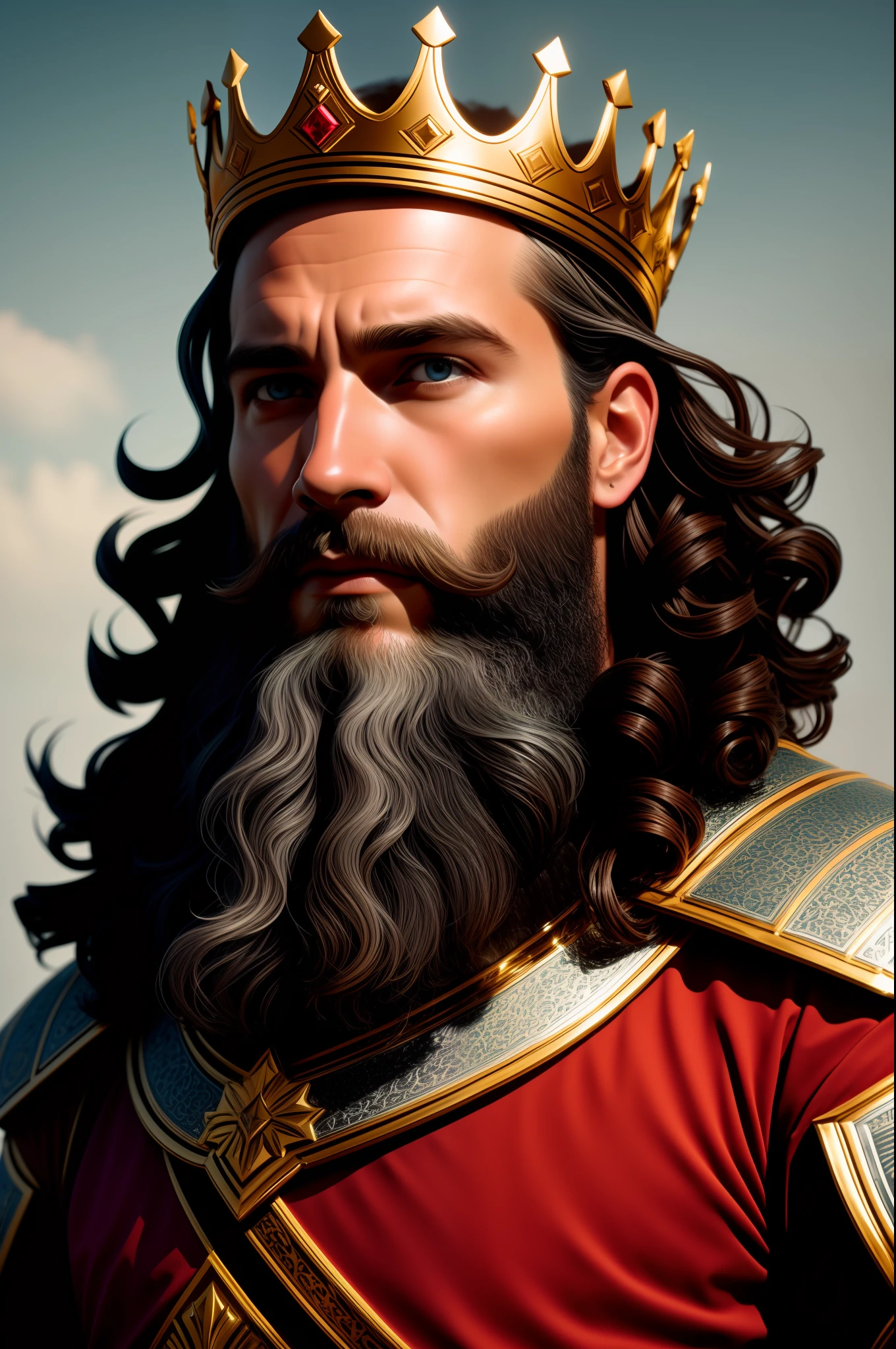 best quality, 500px, cgsociety, 8k, raw photo of (cute: 1.2) human king, dress king's crown, king's armor, 40yo, beard, in castle, full body, ambient light, backlight, volumetric lighting, realistic, realistic lighting, cinematic lighting, depth of field, sharp focus, (high contrast: 1.2), (film grain) red cover