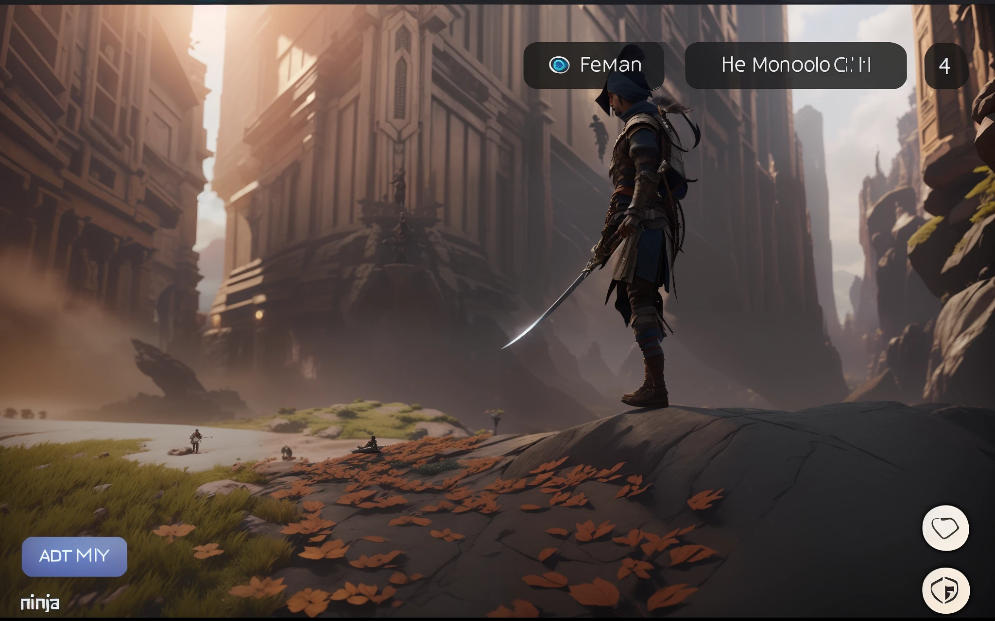 arafed image of a man with a sword standing on a rock, immensely detailed scene, in-game cinematic, cinematic cgsociety, Artstation contest winner, game aesthetic, highly detailed cinematic, featured on artstation hd, 8k high quality detailed art, very detailed cinematic, horizon zero dawn aesthetic, detailed cinematic render, trending on artstation 4k