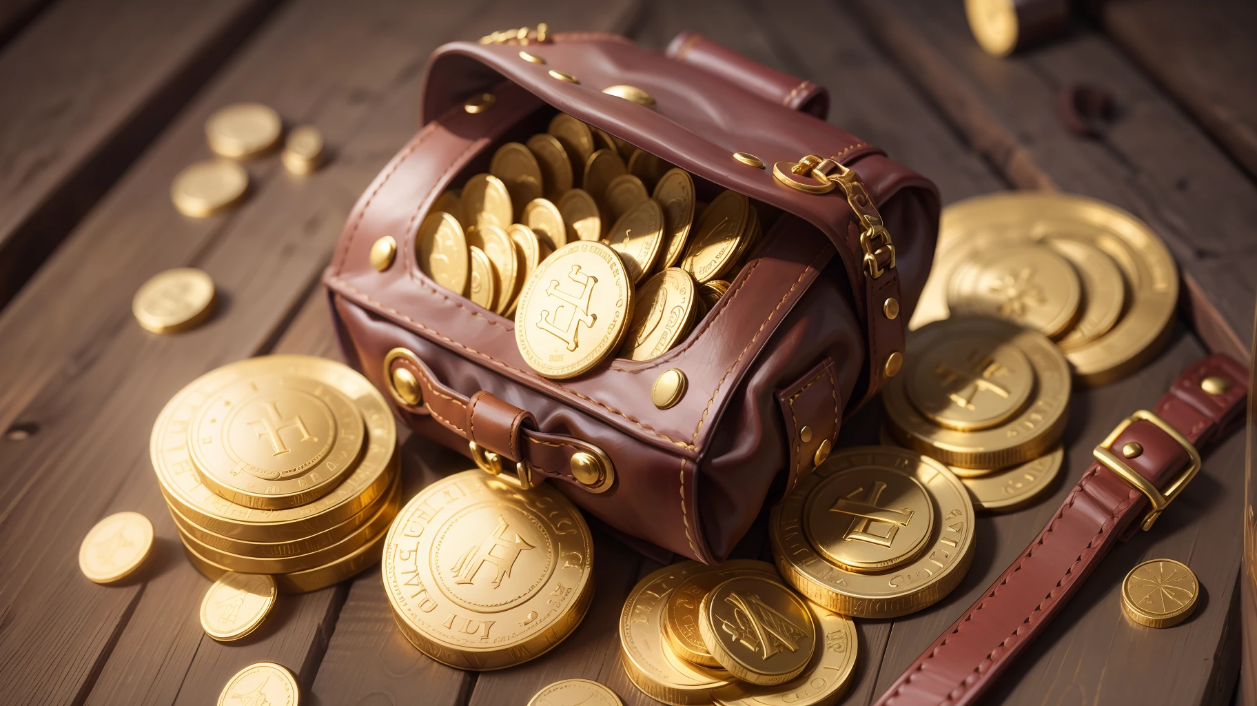 A medieval-looking purse full of gold coins.