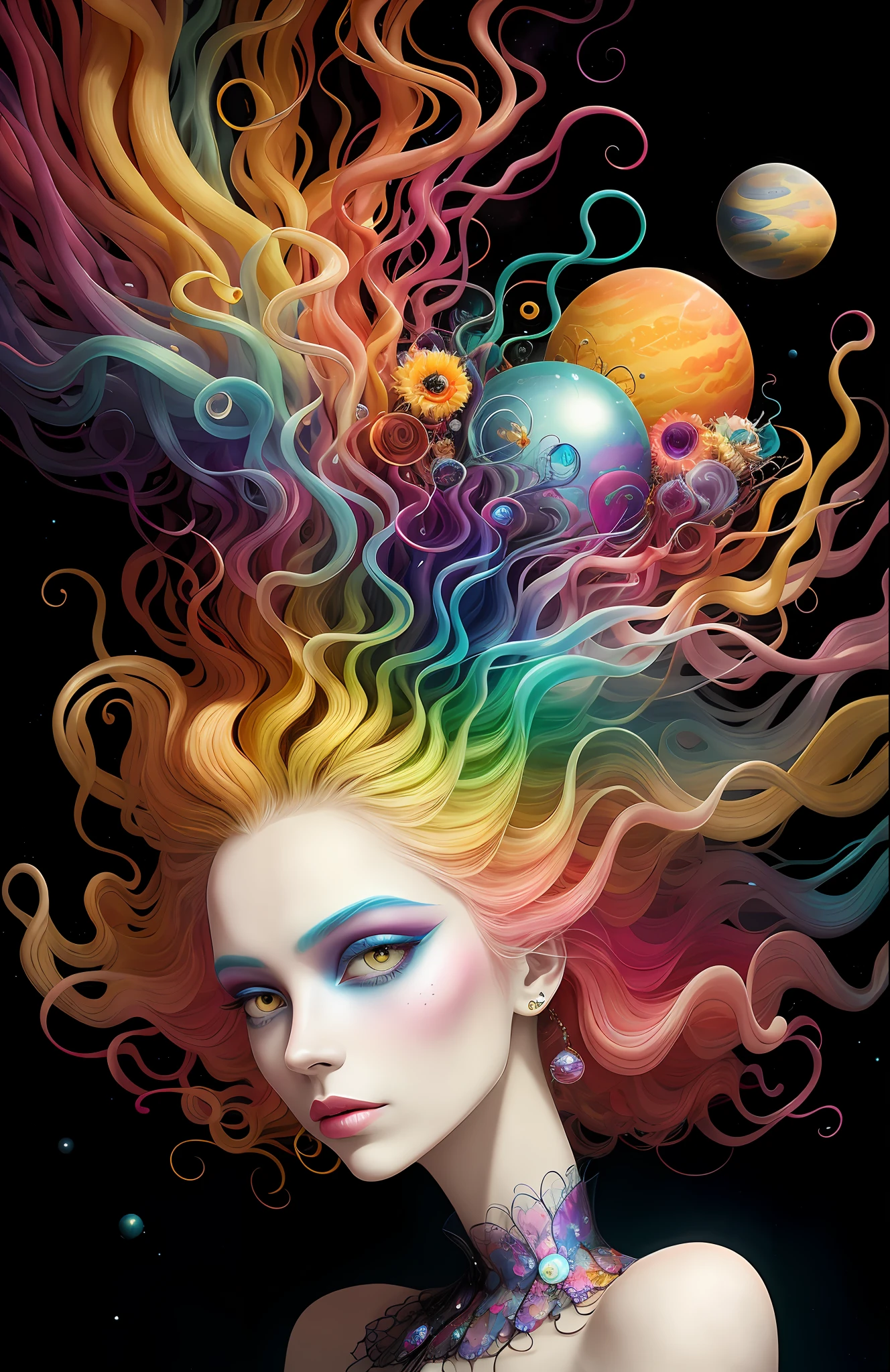 colorpop style, photo photo portrait of the sun surrounded by orbiting planetary moons, blonde pointy hair, natalie shau, mark ryden, alberto seveso, brooke shaden, anna dittmann, flora borsi, 8k resolution, perfect composition, milky way, rainbow color, flying insects, scales, wings, blue, texture, complex, gorgeous, shadow, pastel colors, 3d, Highly detailed, decorated in style, Tim Burton, Dale Chihuly, Xiaolongcheng, Cyril Rolando, by J. Gigue